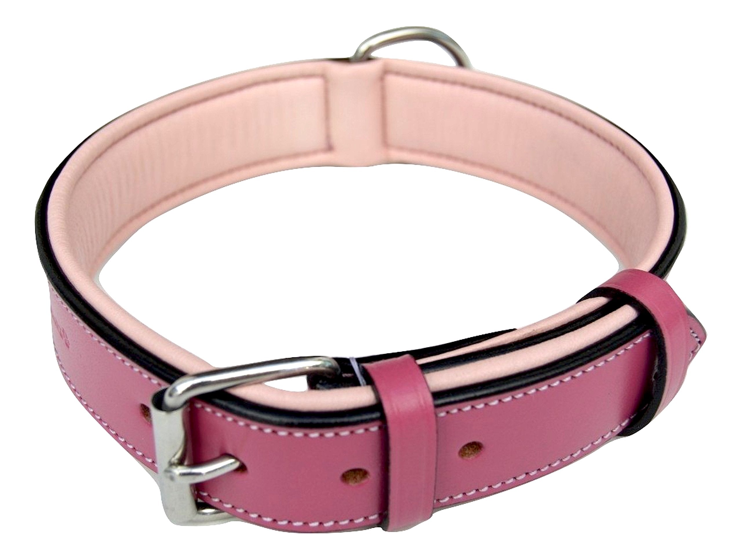 Soft Touch Collars Raspberry Pink Leather Padded Dog Collar, For Large Female Dogs, Made With Genuine Real Leather, 24' Long X 1.5' Wide
