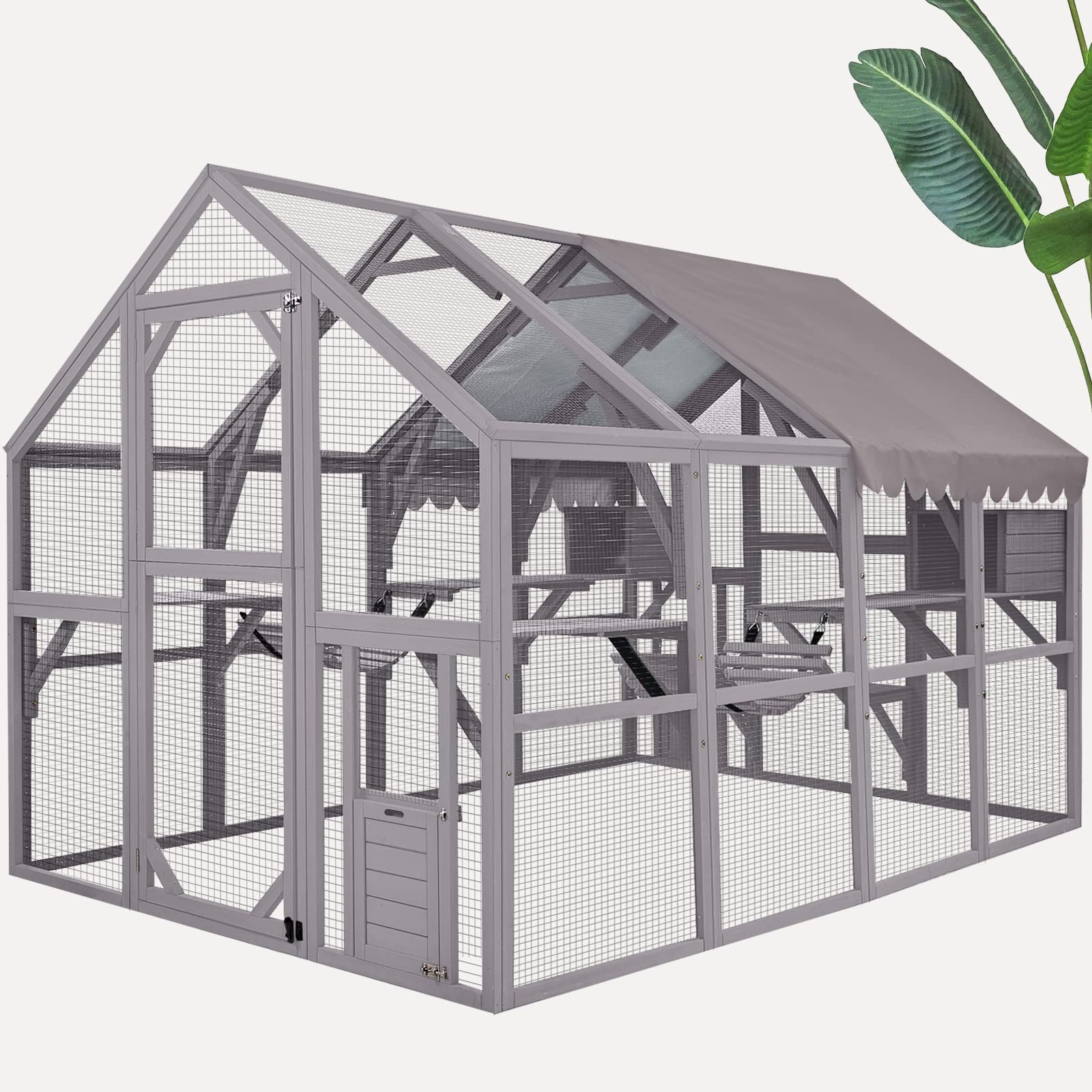 Medehoo Large Catio Outdoor Cat Enclosures Wooden Cat House With Sleeping Houses, Bridges, Walks, Uv Proof Cover 74'' H 110'' L