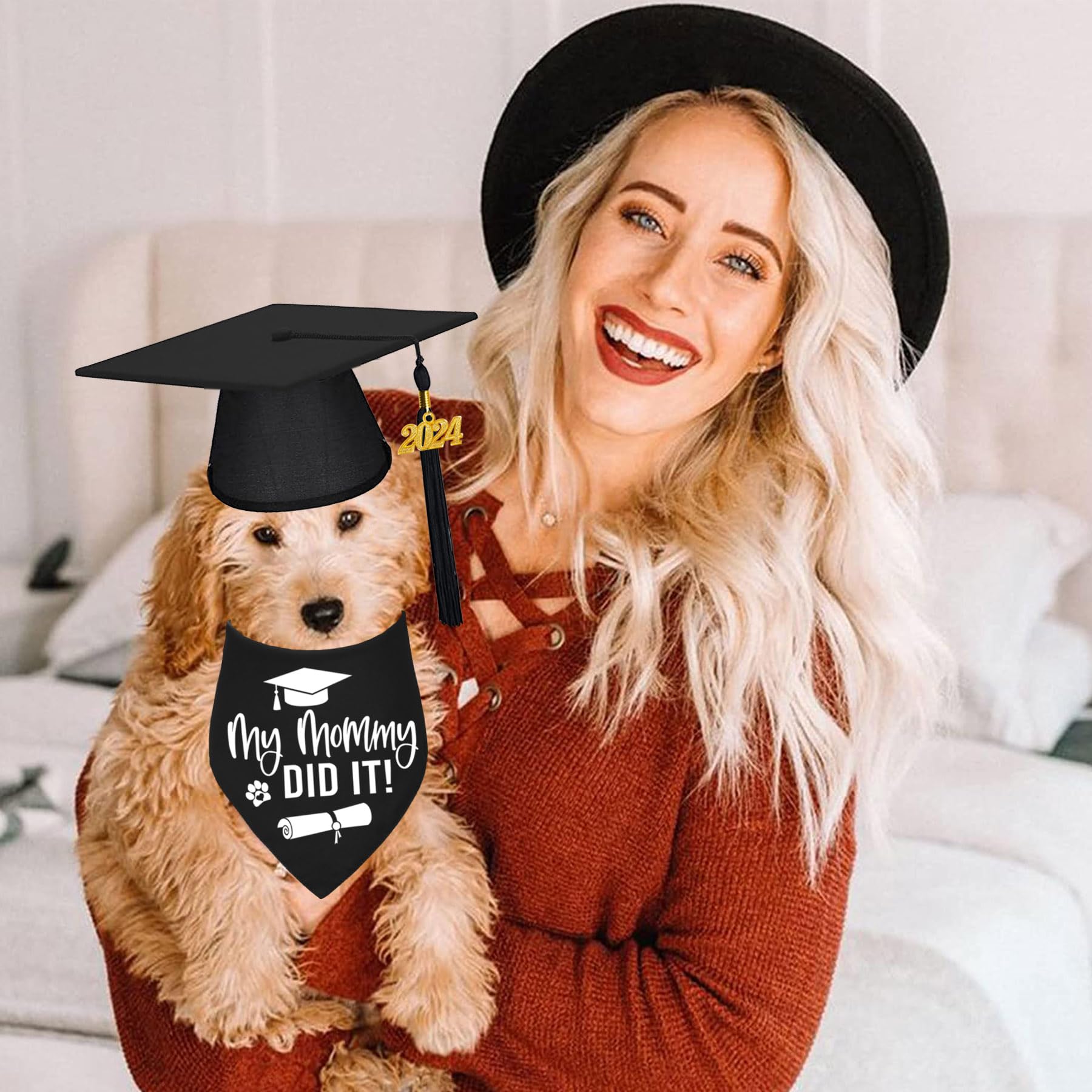 Stmk Dog Graduation Cap Bandana, Graduation Dog Cap With 2024 Tassels Dog Graduation Outfits Gifts Graduation Bandana For Small Medium Large Dogs (Black, Cap & My Mommy Did It Bandana)