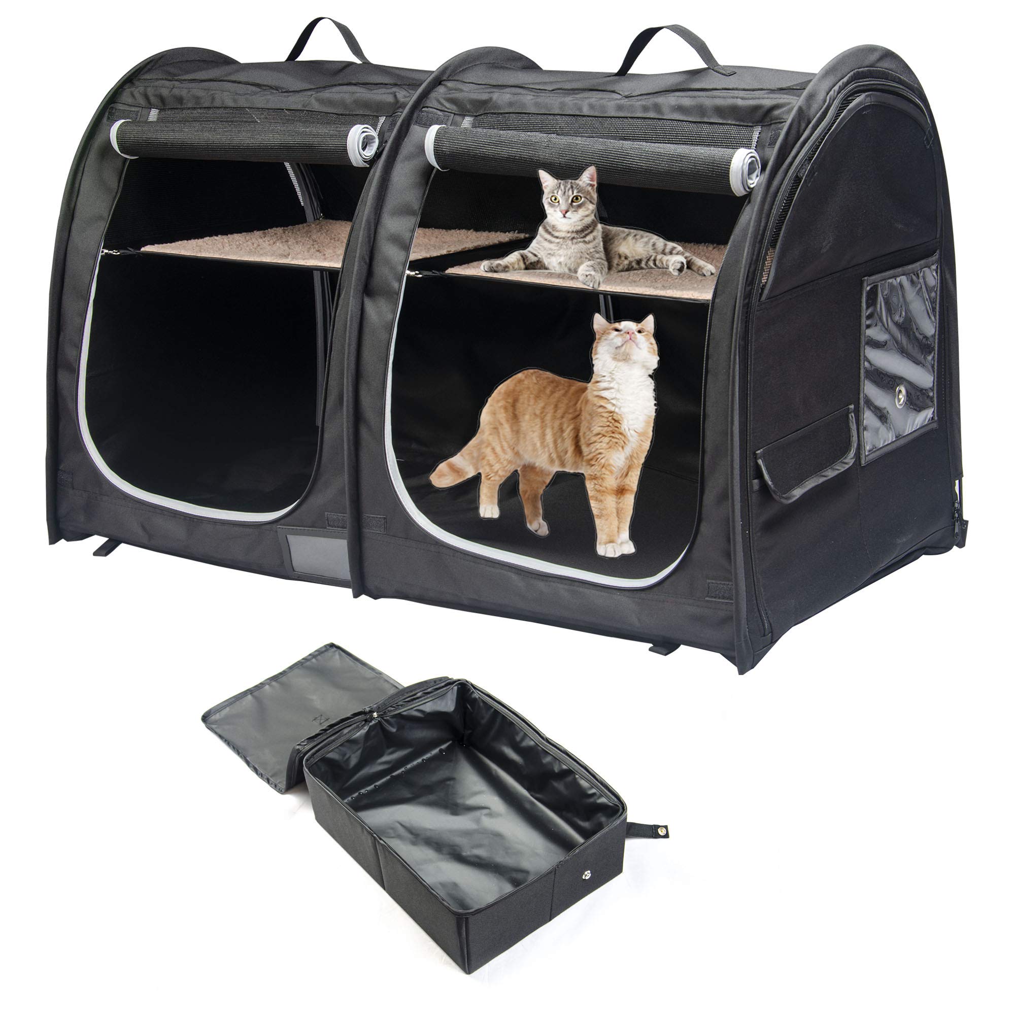 Mispace Portable Twin Compartment Show House Cat Cage Condo,Comfy Puppy Home Dog Travel Crate with Carry Bag/2 Hammocks/Mats & C