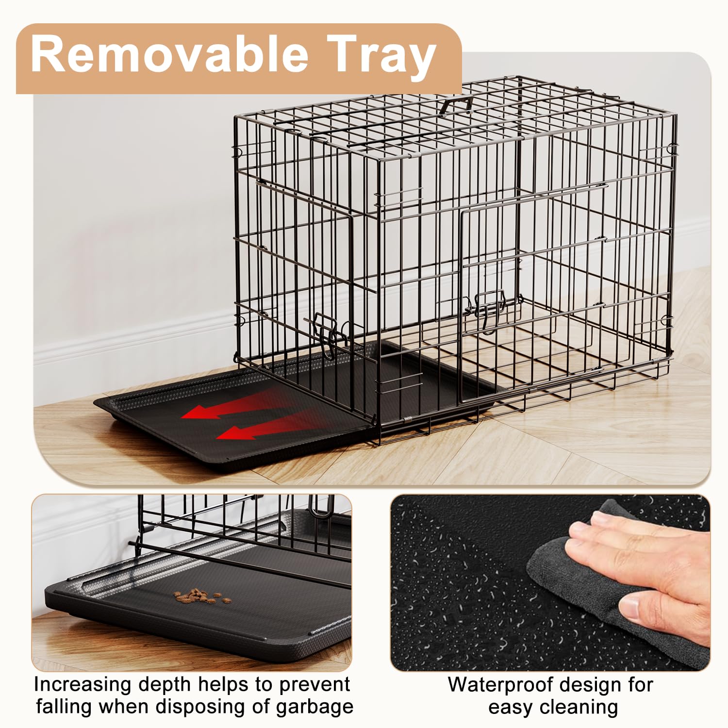 FDW 24inch Dog Crate Pet Cage with Metal Folding Design Plastic Tray Indoor Outdoor Dog Kennel Cage for Small Dogs,Black