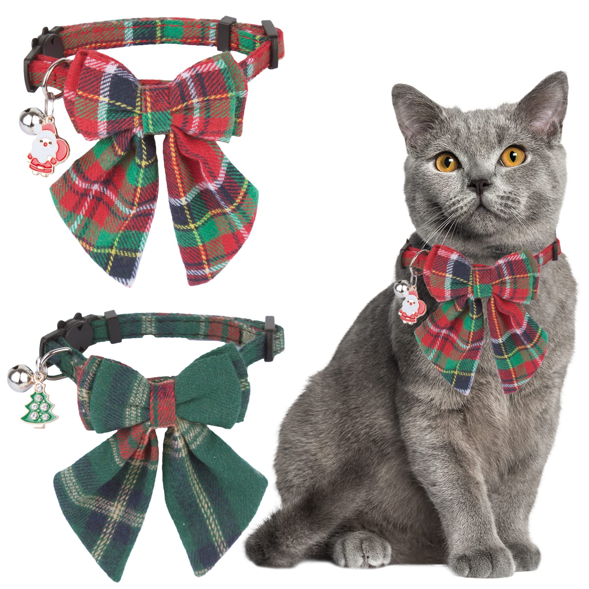 Adoggygo Christmas Cat Collars Breakaway With Removable Bow Tie, 2 Pack Red Green Plaid Christmas Collar For Cats Kittens