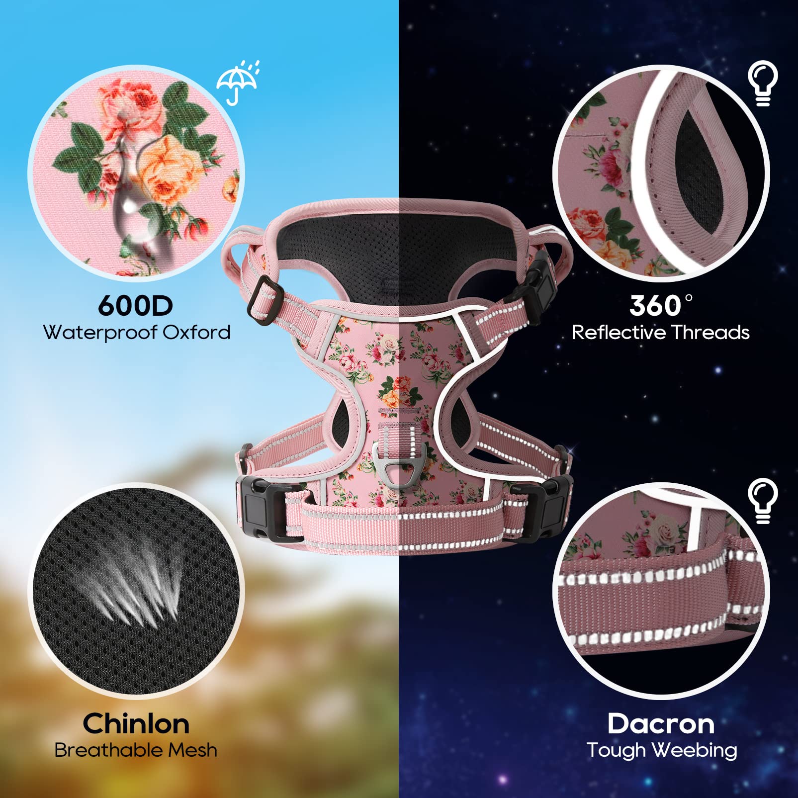 Timos Dog Harness, No-Pull Pet Harness with 2 Leash Clips, 3 Snap Buckles Adjustable Soft Padded Dog Vest, Reflective No-Choke P