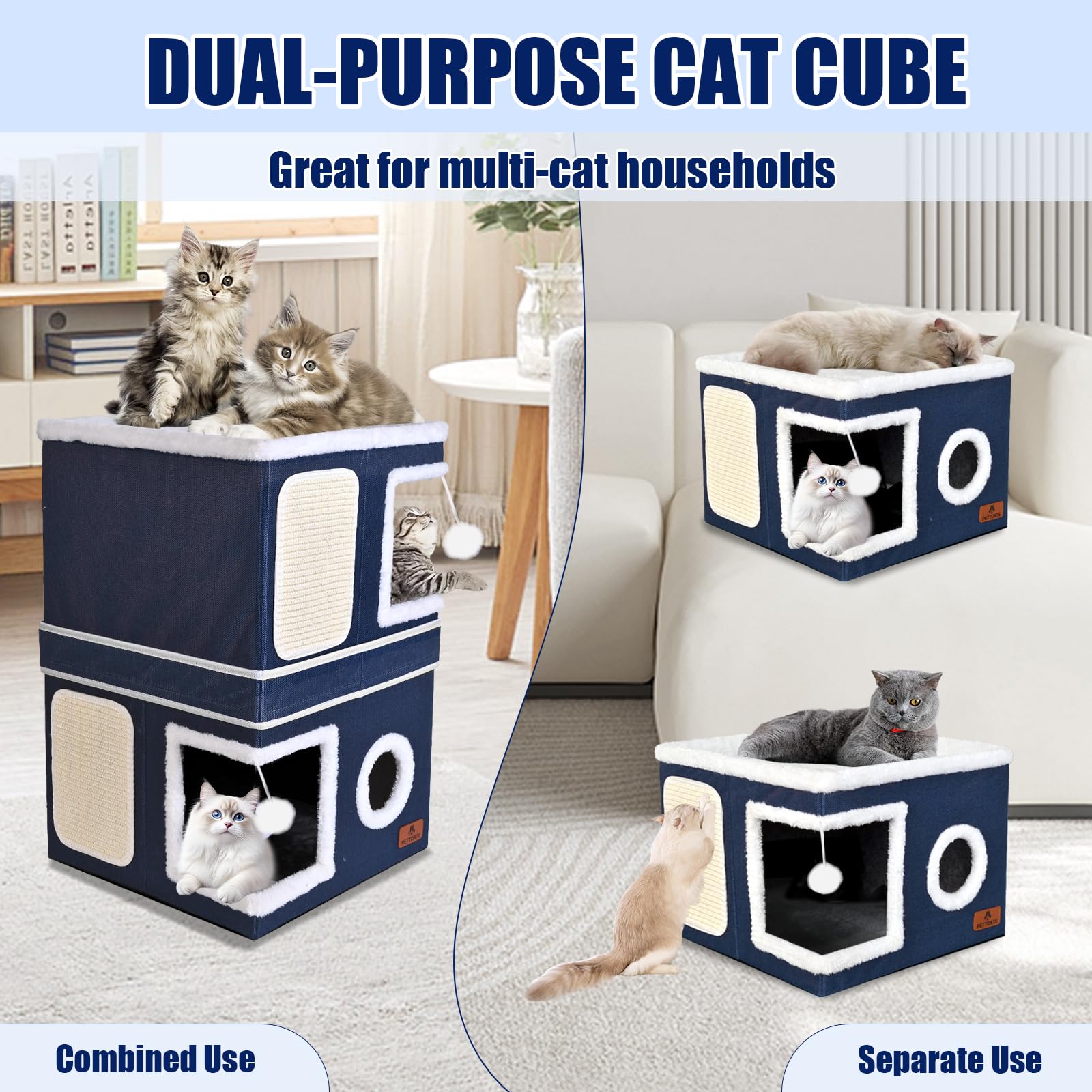 2-Story Cat House For Indoor Cats, Dual-Purpose Cat Cave Bed With Scratch Pad And Fluffy Ball, Foldable Cat Hideaway, Cute Cat C