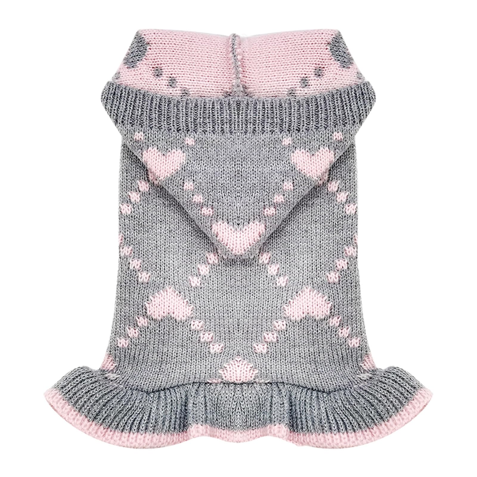 HRTTSY Cute Dog Sweater Soft Warm Fall Winter Dogs Sweater Dress Female Dog Cat Clothes with Leash Hole Pink Hearts Hooded Puppy