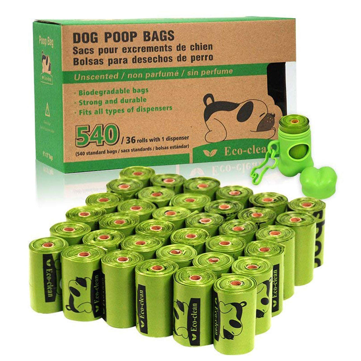 Eco-Clean Poop Bags, 36 Rolls/540 Dog Poop Bags With Dispenser, Dog Waste Bags, Unscented, Leak-Proof, Easy Tear-Off