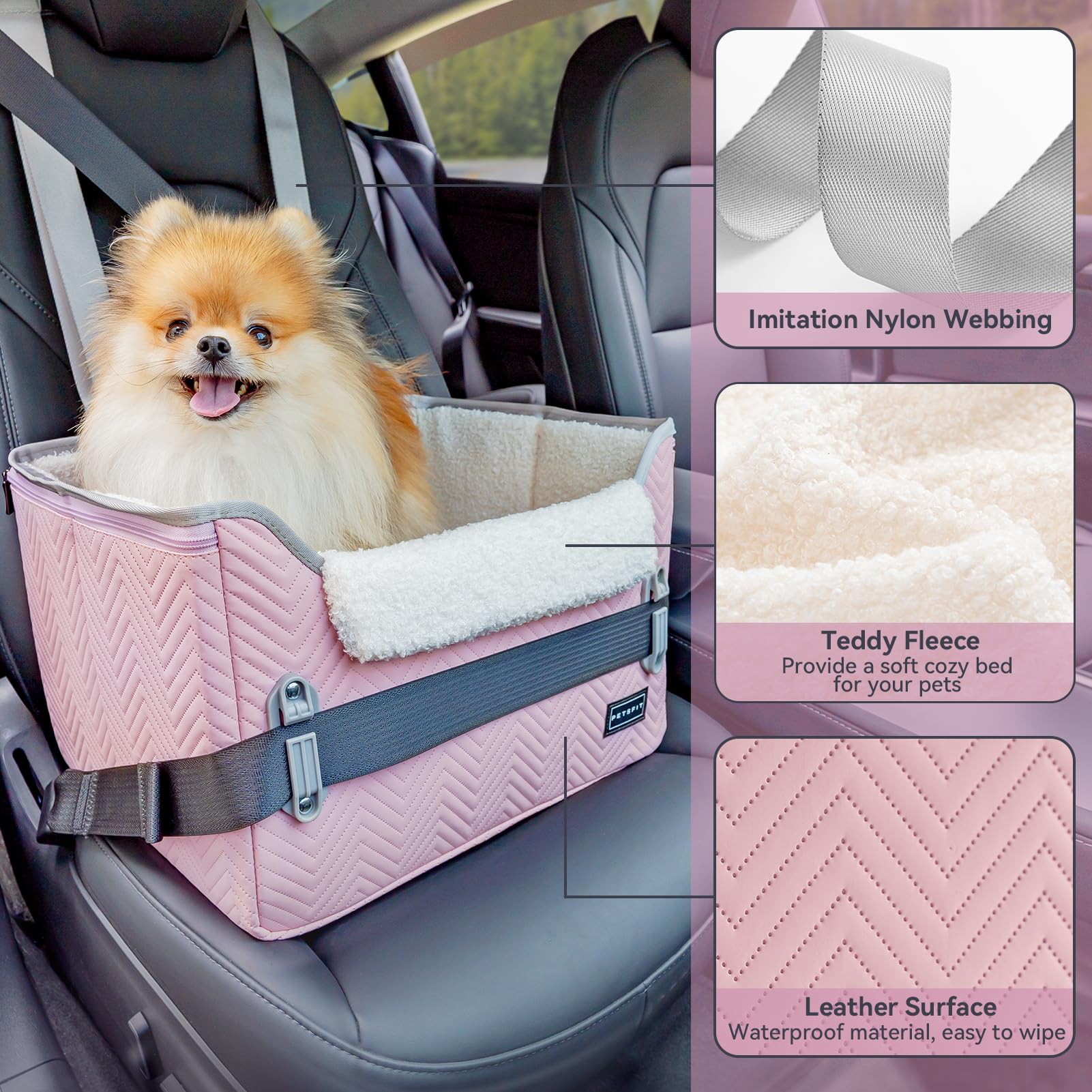 Petsfit Dog Car Seats For Small Dogs, Portable Puppy Car Saet For Car With Clip-On Leash, Adjustable Straps Suitable For Small Pets Up To 25Lbs (Light Pink)