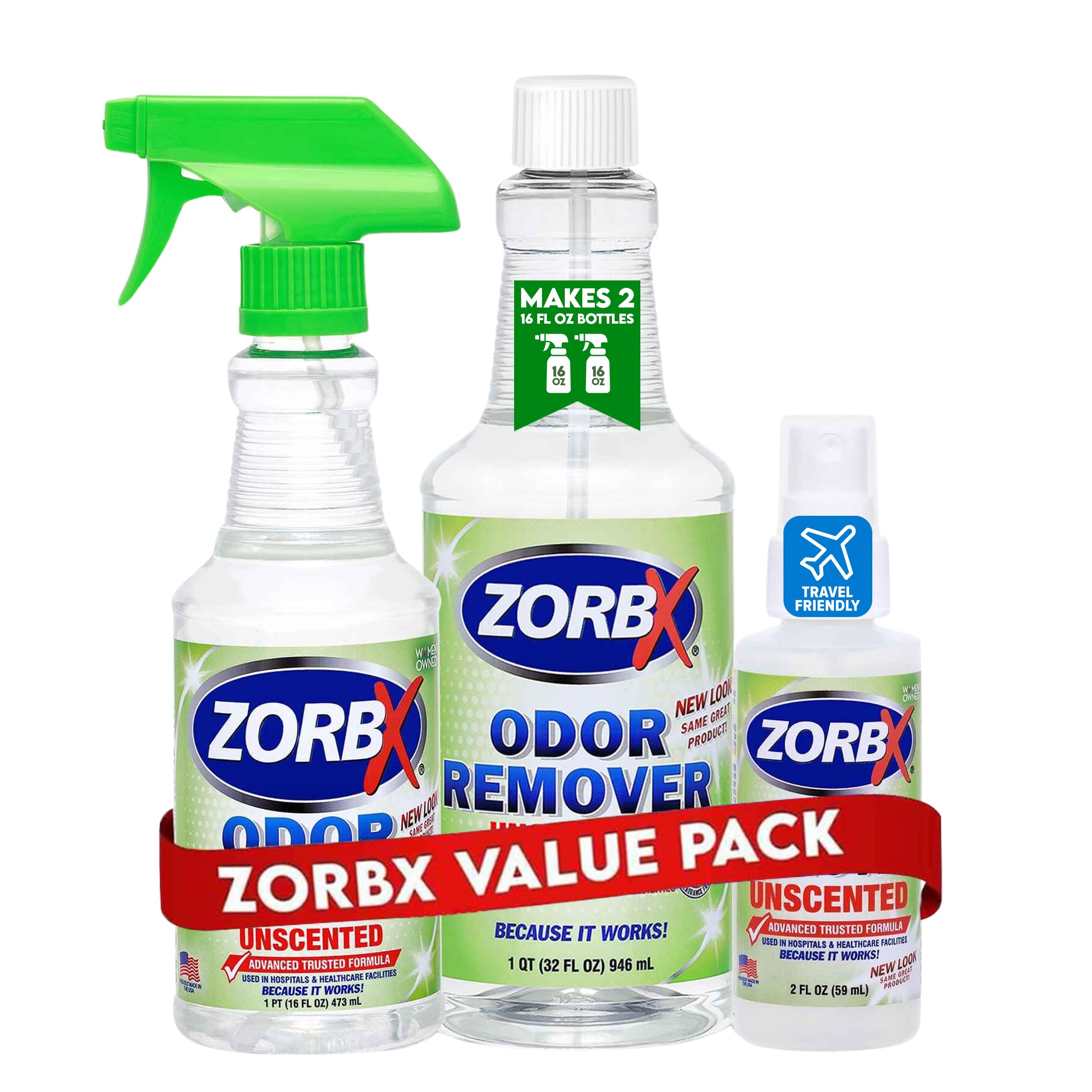 Zorbx Unscented Multipurpose Odor Eliminator Value Pack 2 Oz + 16 Oz + 32 Oz - Used In Hospitals & Healthcare Facilities - Advan