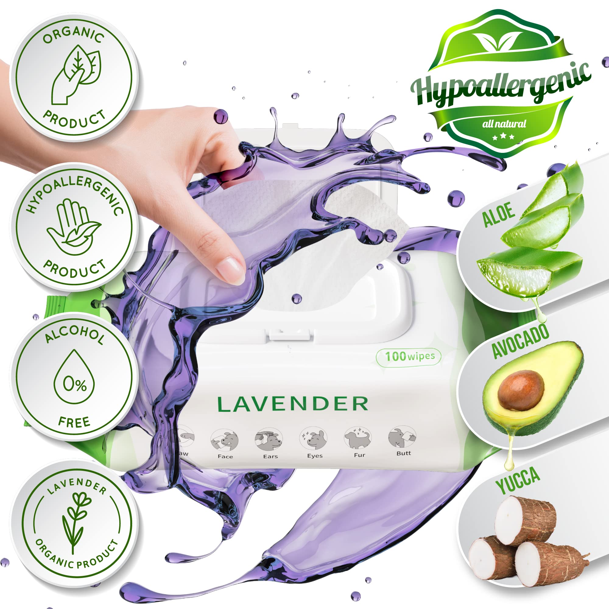 Petazy Dog Wipes For Paws And Butt Ears Eyes  Organic Pet Wipes For Dogs  Hypoallergenic Lavender Scented Dog Wipes Cleaning Deo