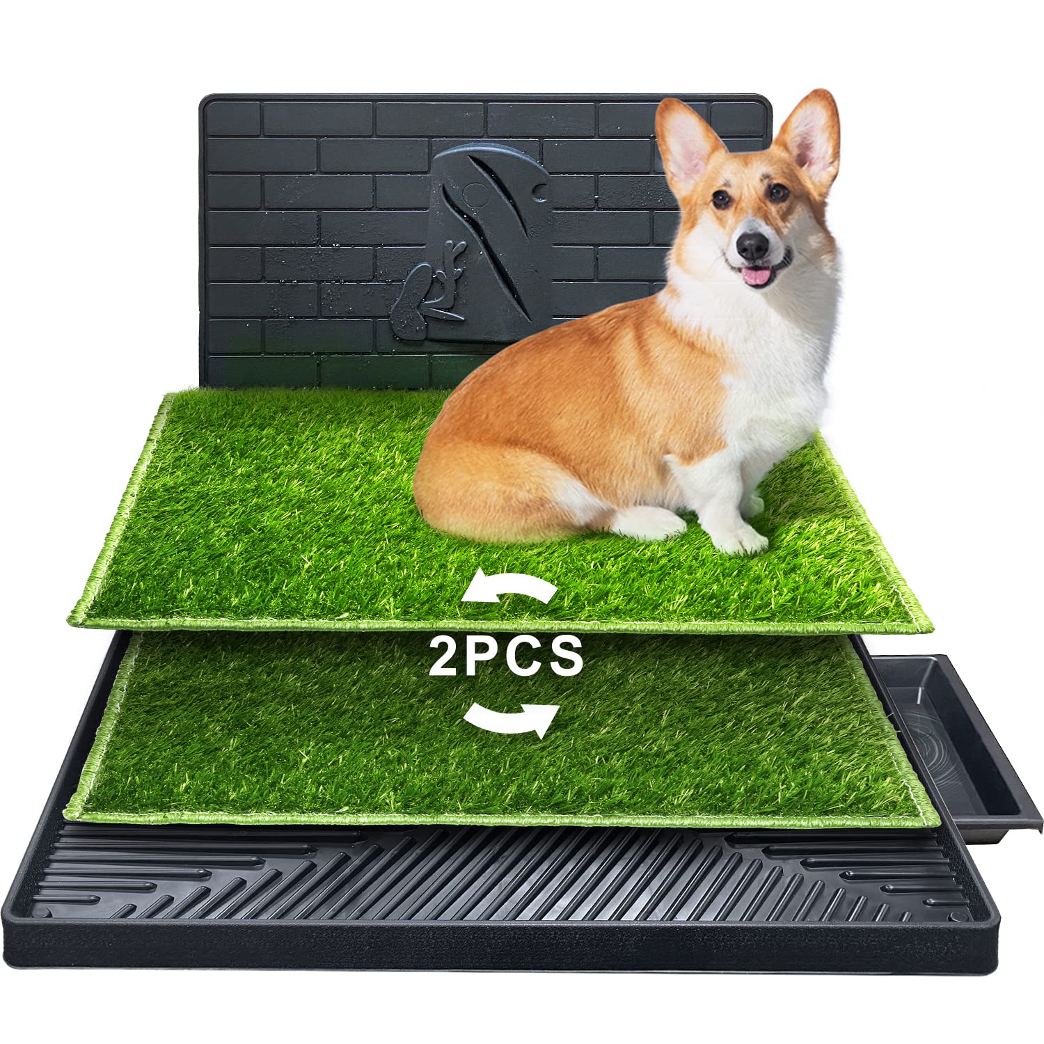 Hompet Dog Potty For Indoor Or Porch, 2 Pcs Artificial Grass Training Pads With Pee Baffle, Reusable , Alternative To Puppy Pads, Portable Dog Litter Box For Small/Medium Dogs