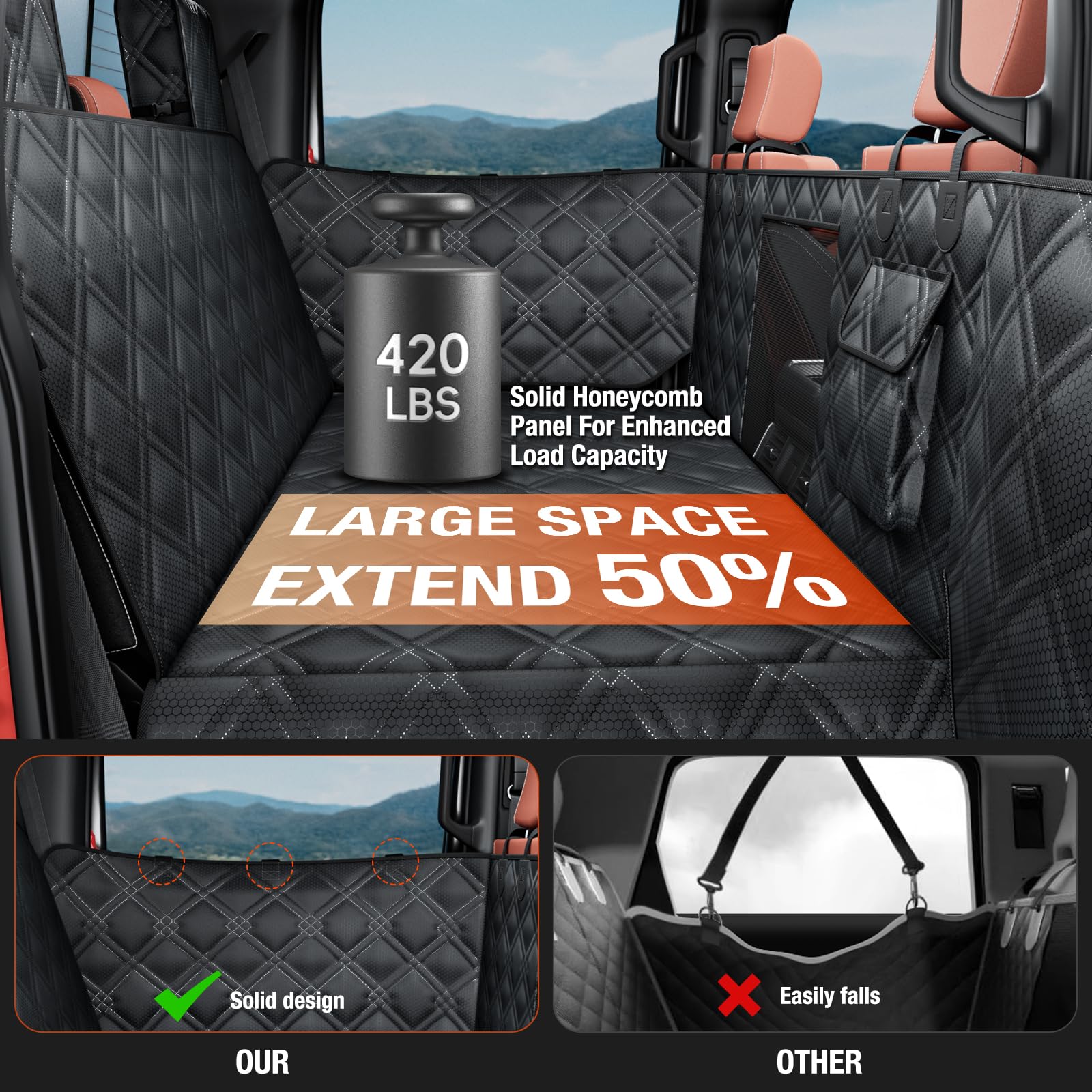 Surfcabin Truck Back Seat Extender For Dogs - Waterproof Full Size Pickup Pet Seat Cover With Door Protection, Hard Bottom Holds