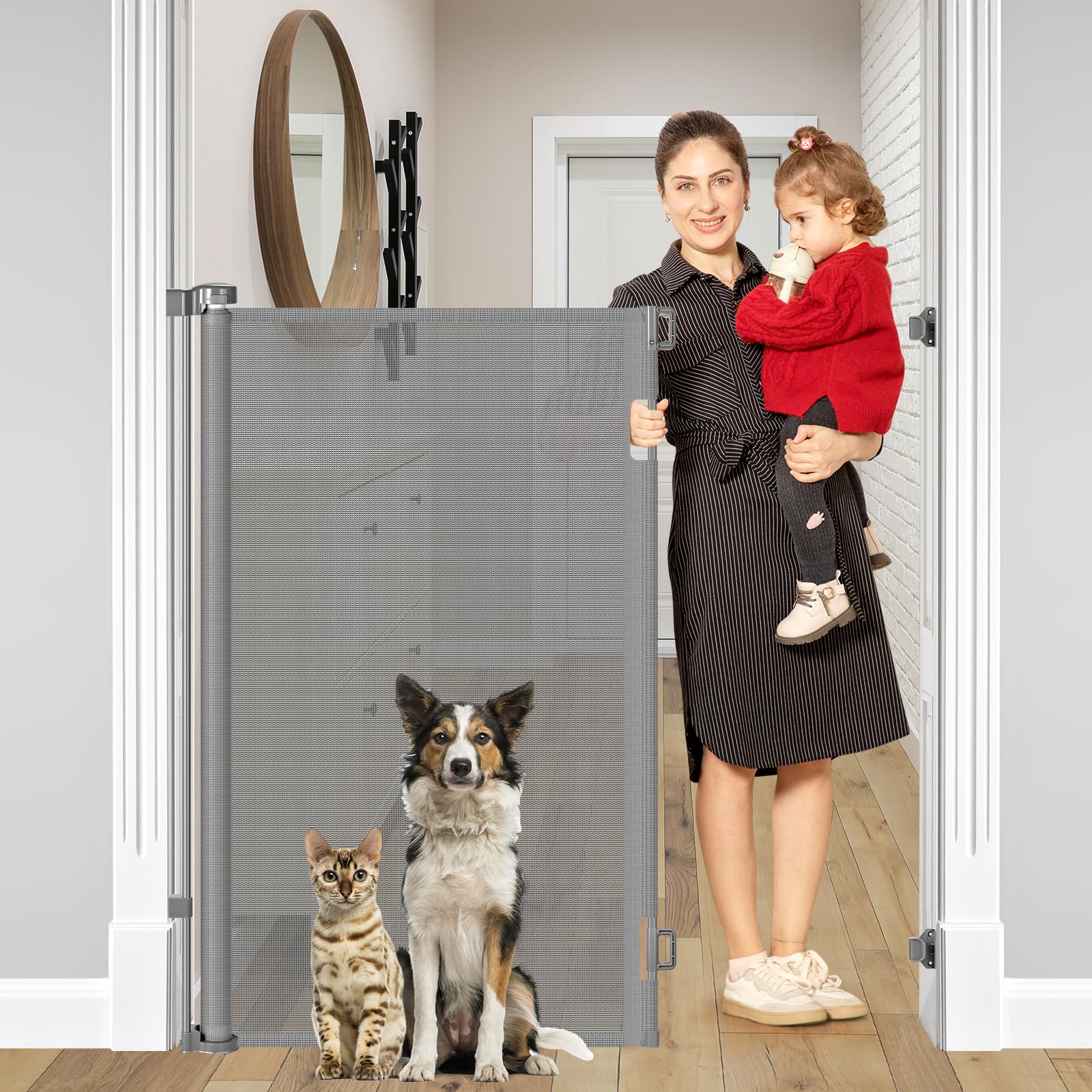 48 Inch Extra Tall Dog Gate, Extends to 55'' Wide, Extra Tall Retractable Baby Gates for Doorways Extra Tall Pet Gate Indoor Mes