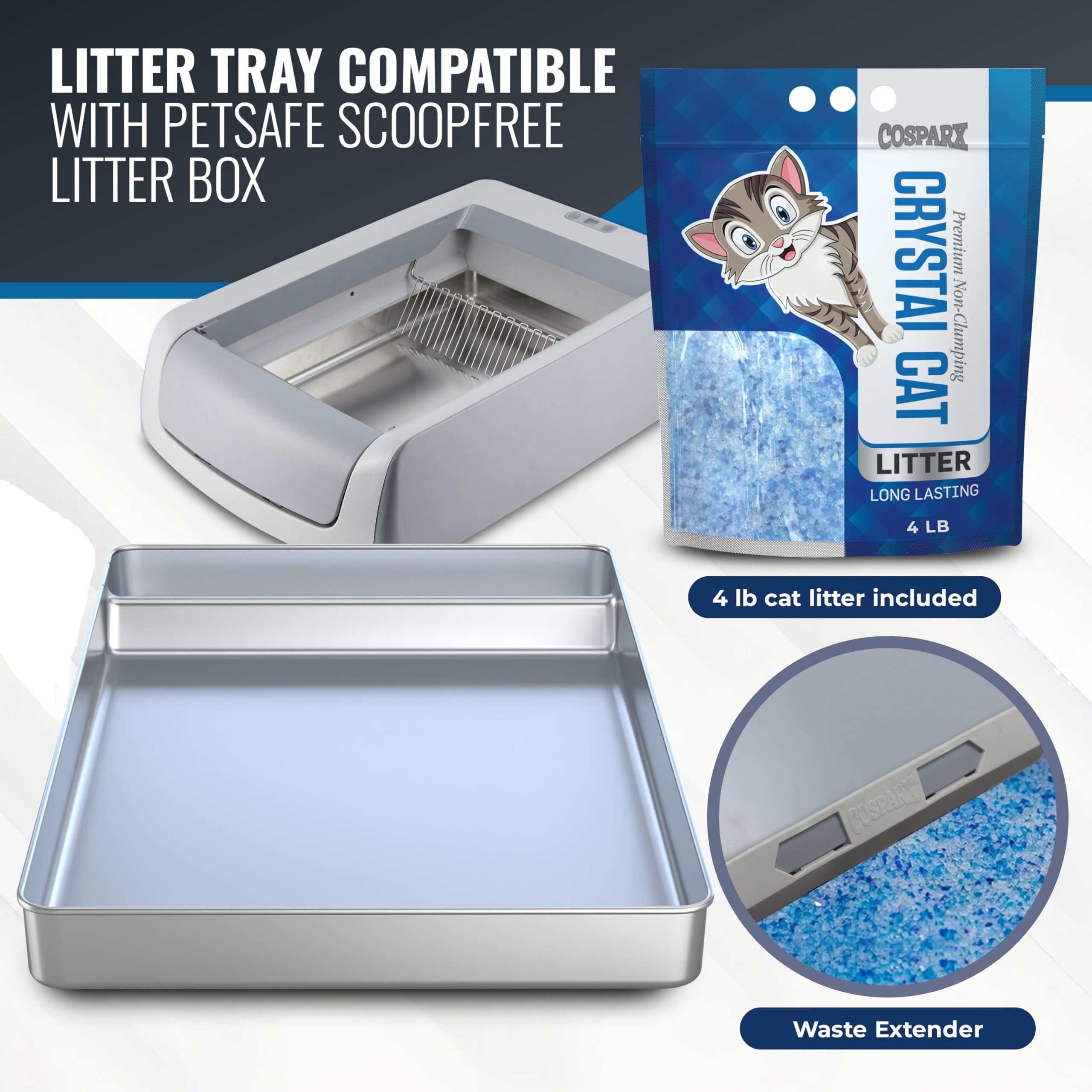 Stainless Steel Litter Tray Compatible With Pet Safe Litter Box, Upgraded Waste Extender, Included With 4Lb Crystal Cat Litter,