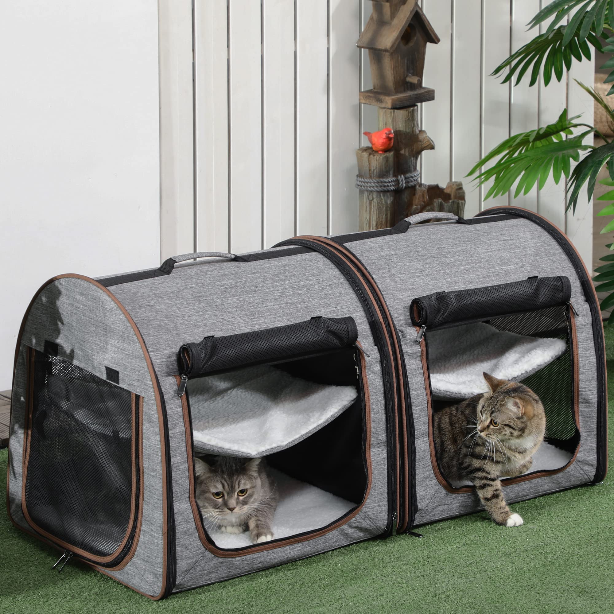 PawHut 39 Portable Soft-Sided Cat Carrier, Cat Kennel, Travel Dog Crate with Divider, Two Compartments, Soft Cushions & Storage