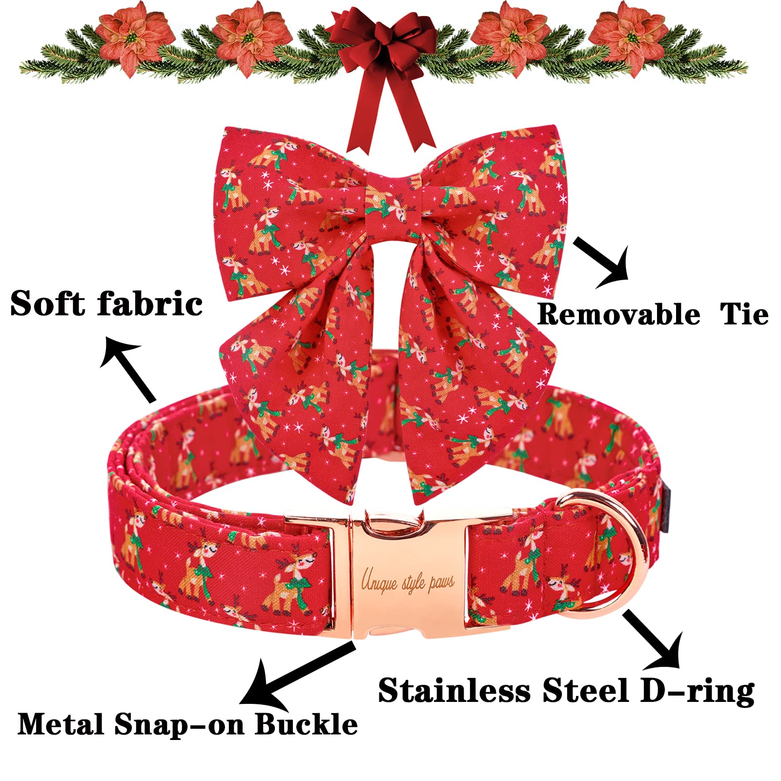 Unique Style Paws Christmas Dog Collar With Tie Red Elk Pure Cotton Collar Adjustable Puppy Collar For Small Medium Large Dogs-Xs