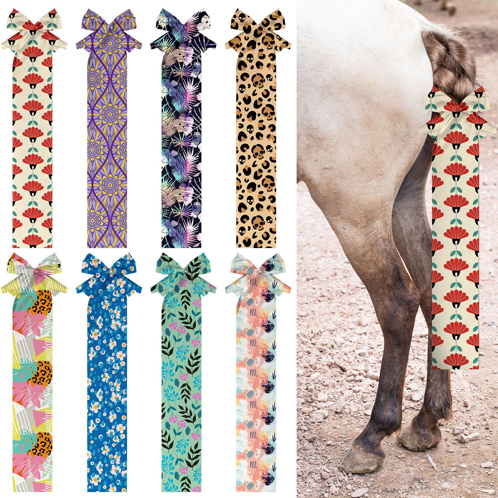 Eccliy 8 Pcs Horse Tail Bag Breathable Guard Stretchy 22 Slip on Horse Care Tail Wrap 2 Strand Closure Straps Grooming Supplies 