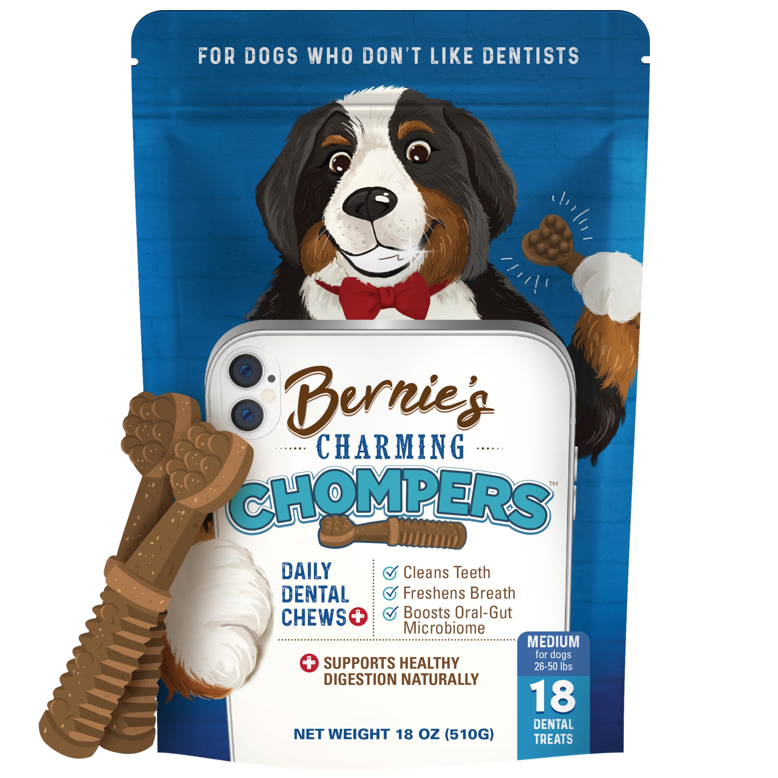 Bernies Charming Chompers - Daily Dental Chews for Dogs 26-50 Lbs. - 18 Count - Cleans Teeth, Freshens Breath, + Boosts Oral-Gu