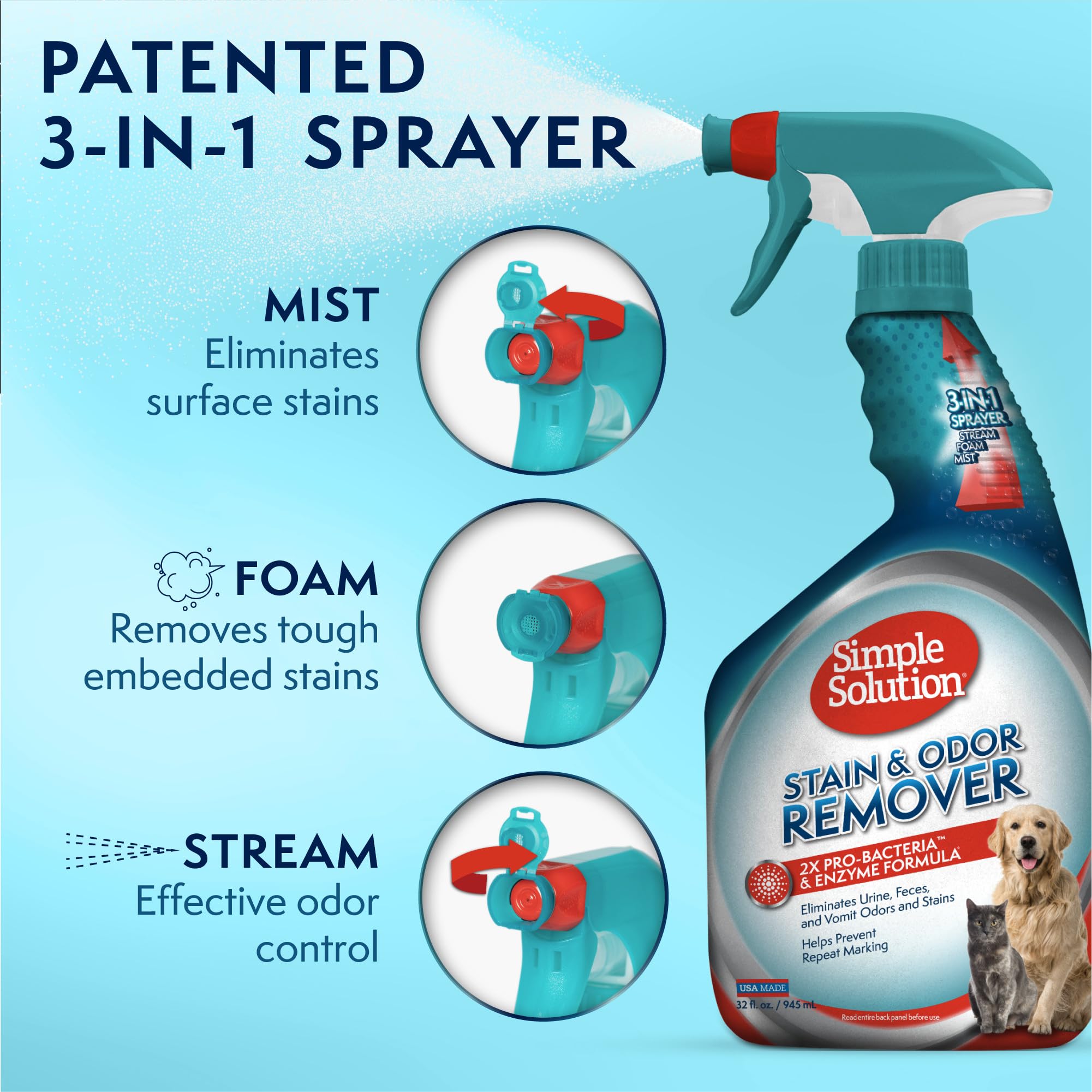 Simple Solution Stain And Odor Eliminator Spray For Dogs & Cats, Enzyme Cleaner With 2X Pro-Bacteria Cleaning Power, Strong Smell Remover For Carpets, Upholstery & Floors, 32 Oz