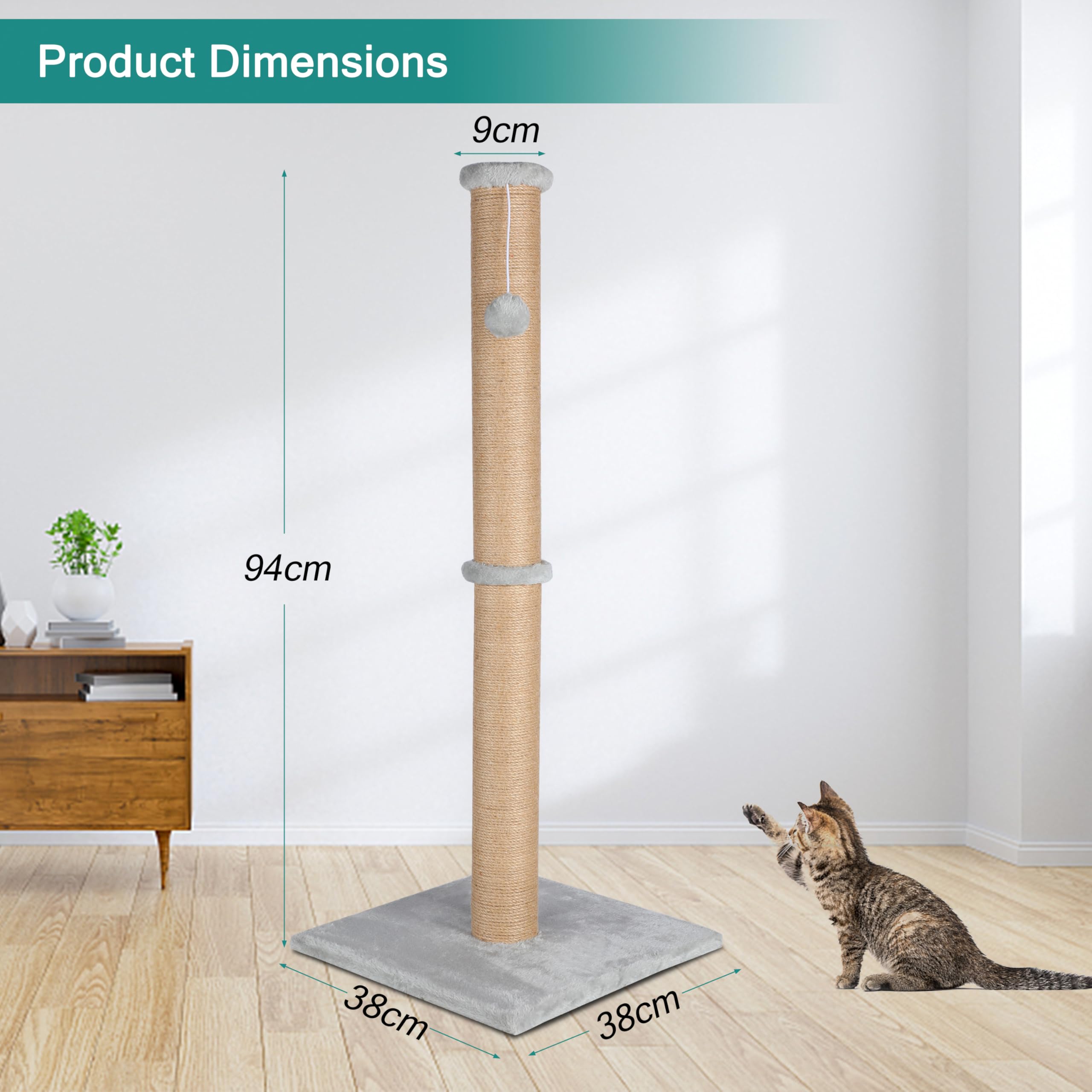 FluffyDream 37 Cat Scratching Post, Natural Sisal Rope Scratcher with Dangling Teaser Ball and Covered with Soft Plush for Kit