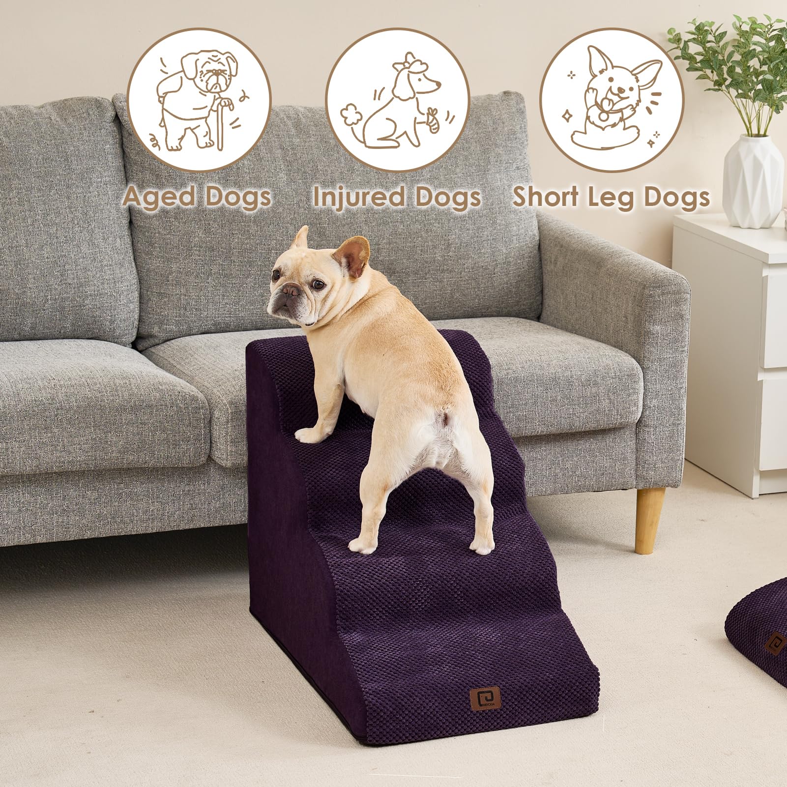 EHEYCIGA Curved Dog Stairs Ramp - 4-Step Pet Steps for High Beds, Non-Slip, Purple, 19.7" H, Model ECUS24PPT10FB