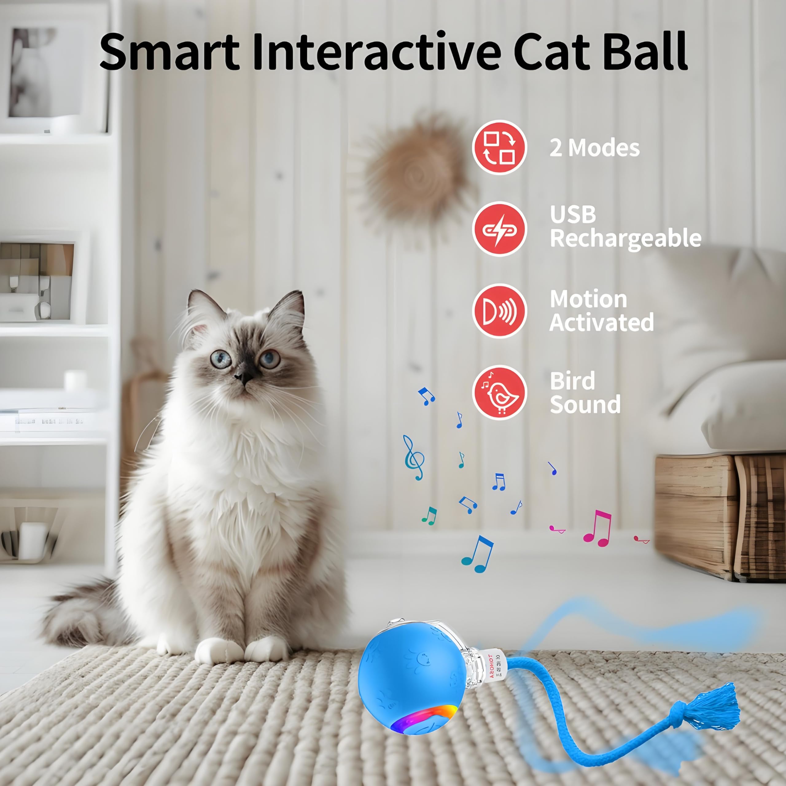 TONOSA Interactive Cat Ball Toy - Motion Activated, RGB Lighting, 3 Motion Modes-Automatic Cat Ball for Bored Indoor Cats(Blue)
