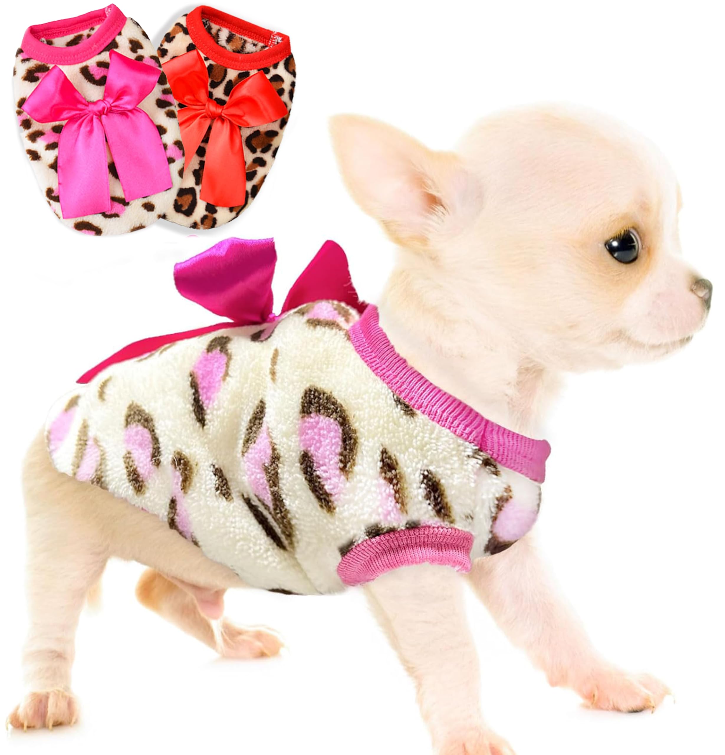 2 Pieces XXS Dog Sweater for Small Dogs - Leopard Teacup Chihuahua & Yorkie Puppy Clothes (Pink+RED, XX-Small)