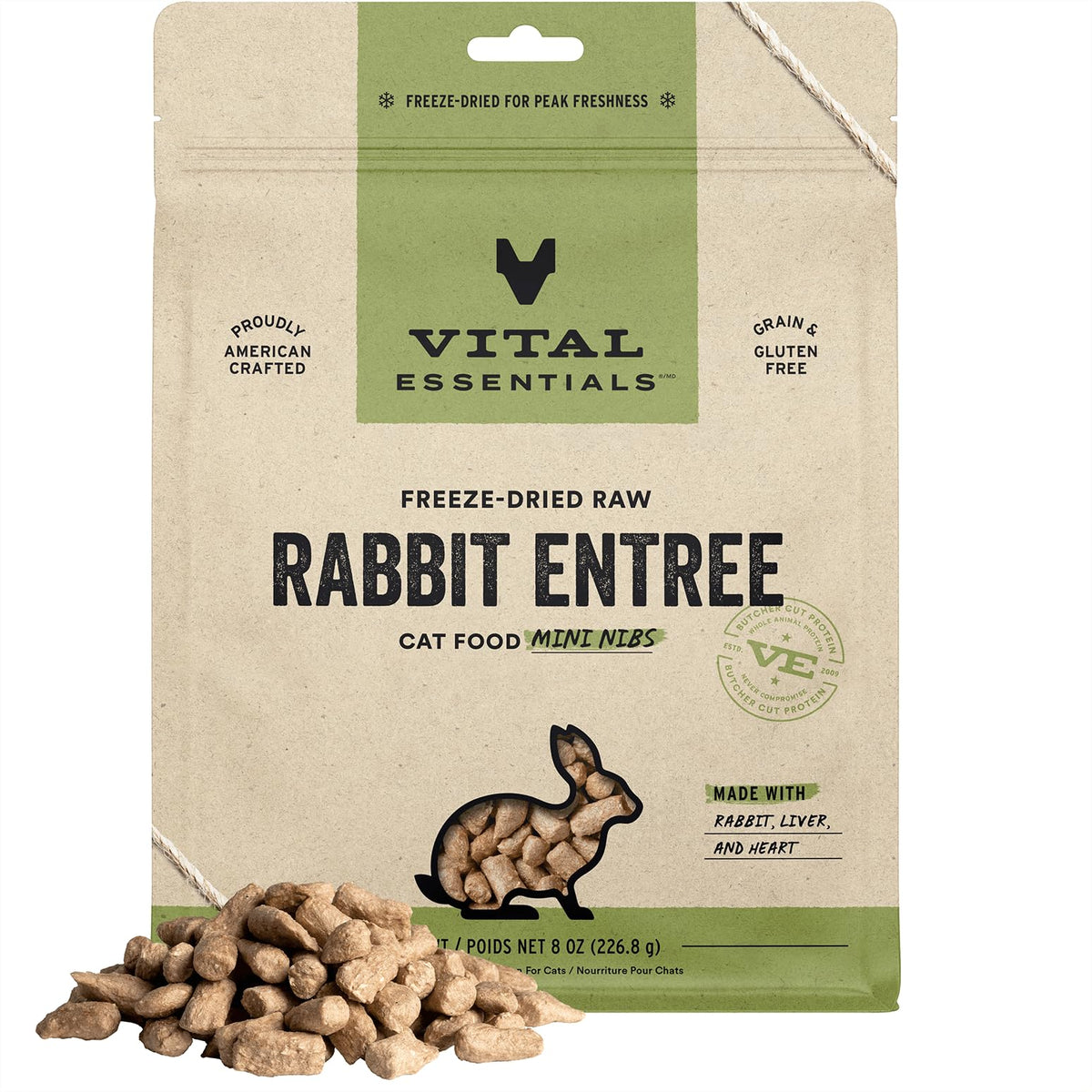 Vital Essentials Freeze Dried Raw Cat Food, Rabbit Mini Nibs Entree, 8 Oz