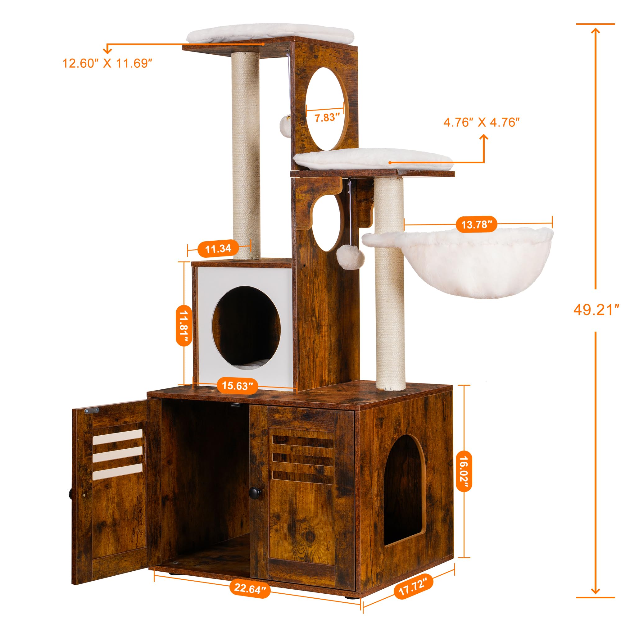 Heybly Cat Tree, Wood Litter Box Enclosure with Food Station, All-in-one Indoor Cat Furniture with Large Platform and Condo, Mod