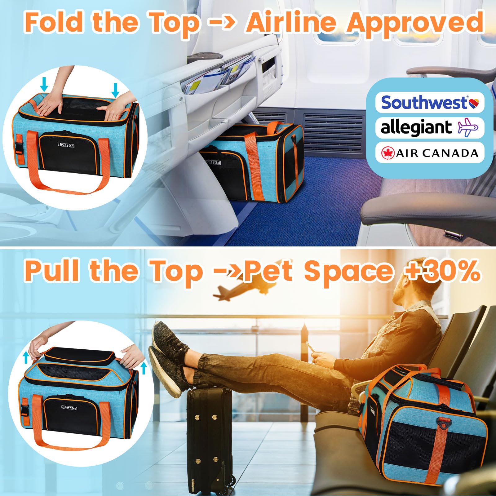 Petskd Top-Expandable Pet Carrier 19X13X9 Inches Southwest Allegiant Airlines Approved, Soft-Sided Carrier For Small Dog Under 1