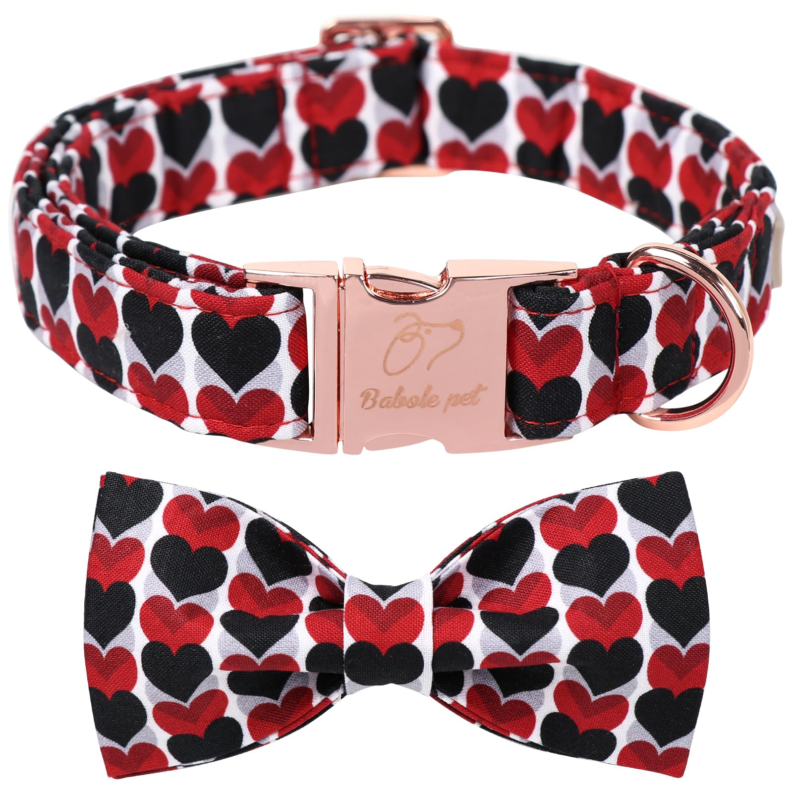 Babole Pet Valentine Dog Collar for Medium Dog with Bow Tie, Red&Black Love Heart Valentine Dog Collars with Safety Metal Buckle