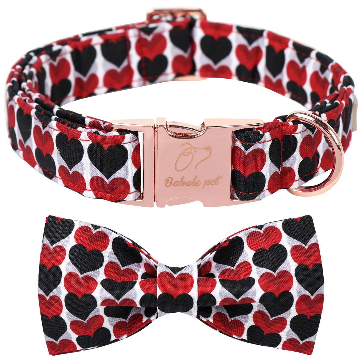 Babole Pet Valentines Dog Collar for Large Dog with Bow Tie, Red&Black Love Heart Valentine Dog Collars with Safety Metal Buckle