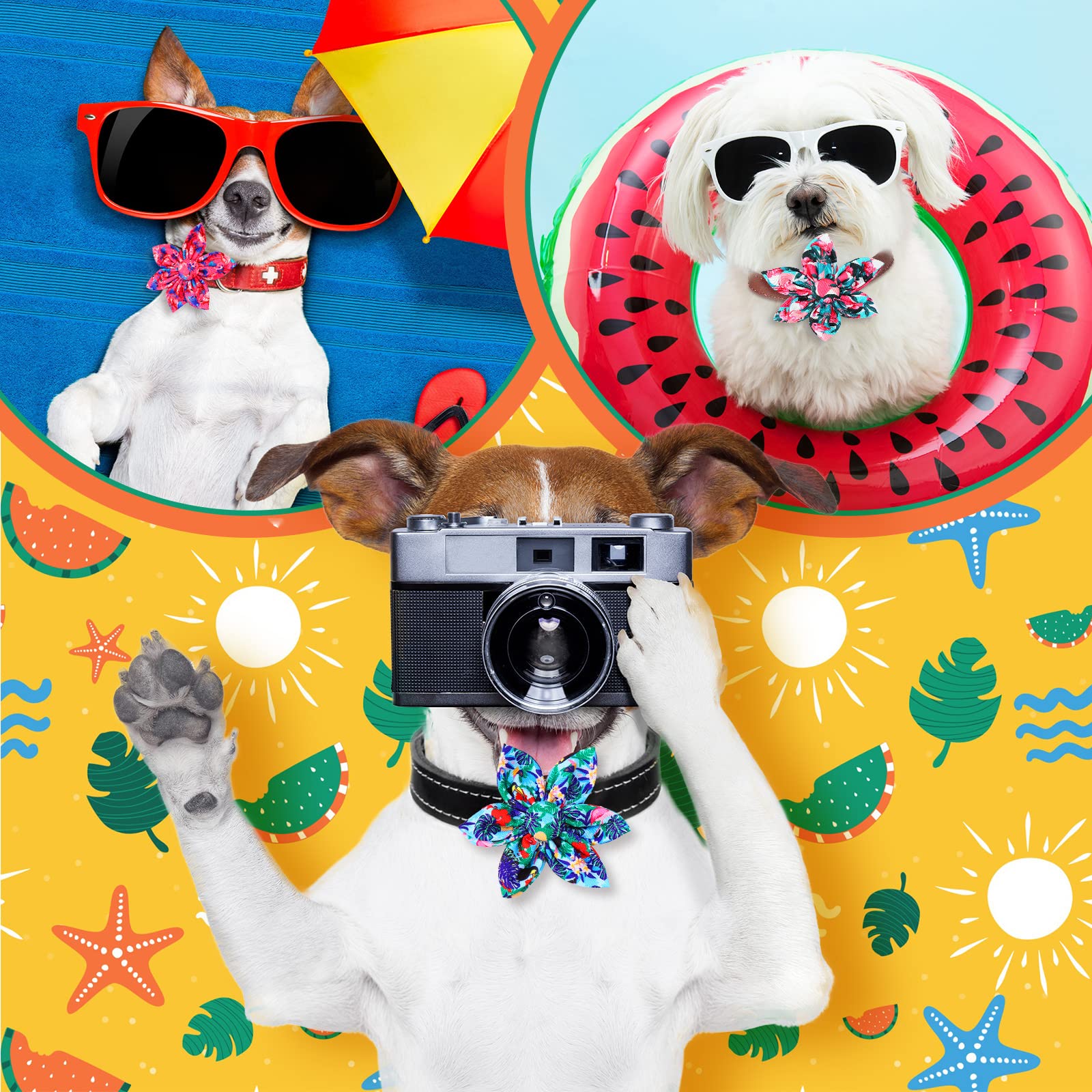 Cunno 60 Pcs Dog Collar Flowers Bulk Summer Hawaiian Dog Bow Ties Dog Collar Accessories Pet Charms Grooming Flamingo For Small