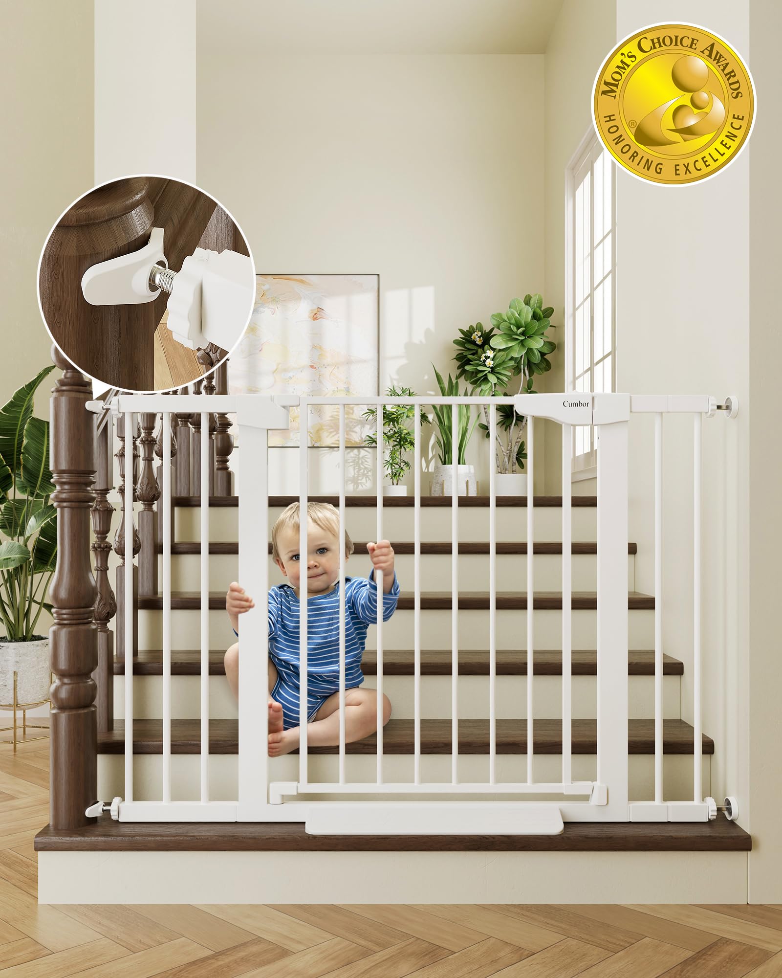 Cumbor 29.7-46' Baby Gate For Stairs, Toddler Safety Essentials For The House, Auto Close Dog Gate For Doorways, Mom'S Choice Awards Winner-Easy Install Pressure Mounted Pet Gates For Dogs, White