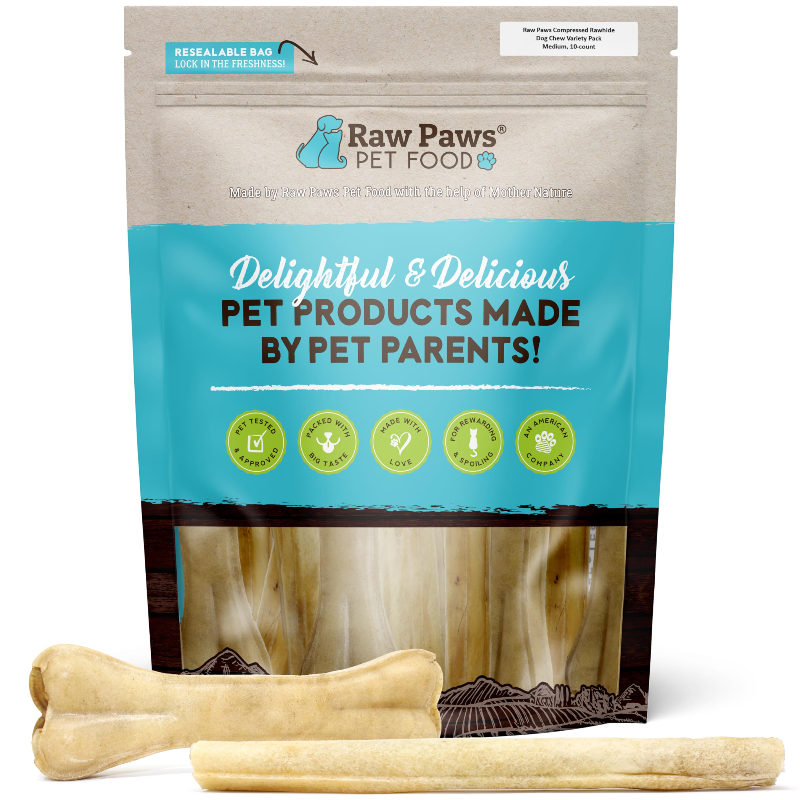 Raw Paws Compressed Rawhide Dog Chew Variety Pack, 10 Pack - 10 Compressed Rawhide Sticks & 6 Bones - Pressed Rawhide for Medium