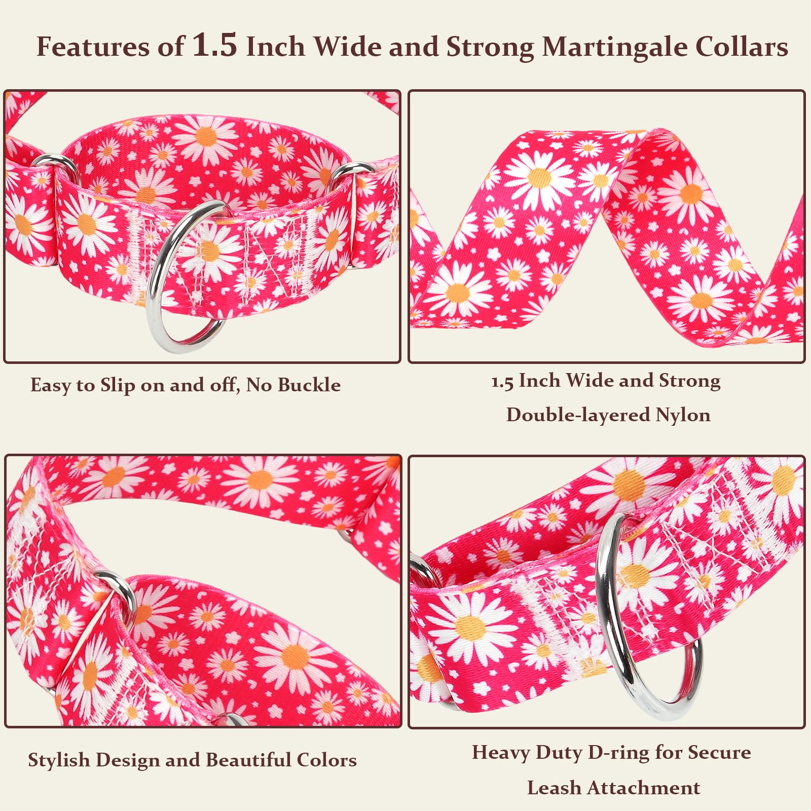 Martingale Dog Collar For Large/X-Large Dogs - Heavy Duty 1.5'' Military Grade Nylon Collar With Red Daisy Floral Design, No-Sli