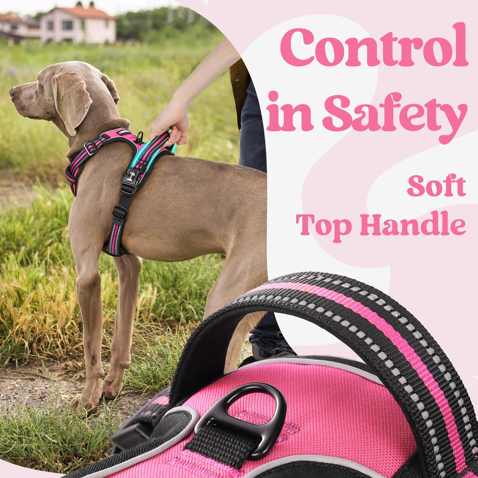 Rabbitgoo Dog Harness For Large, No Pull Pet Harness With 3 Buckles, Adjustable Soft Padded Pooch Vest With Instant Control Handle, Easy Walking Reflective Pet Vest For Extra Large Dogs,Rose Pink, Xl