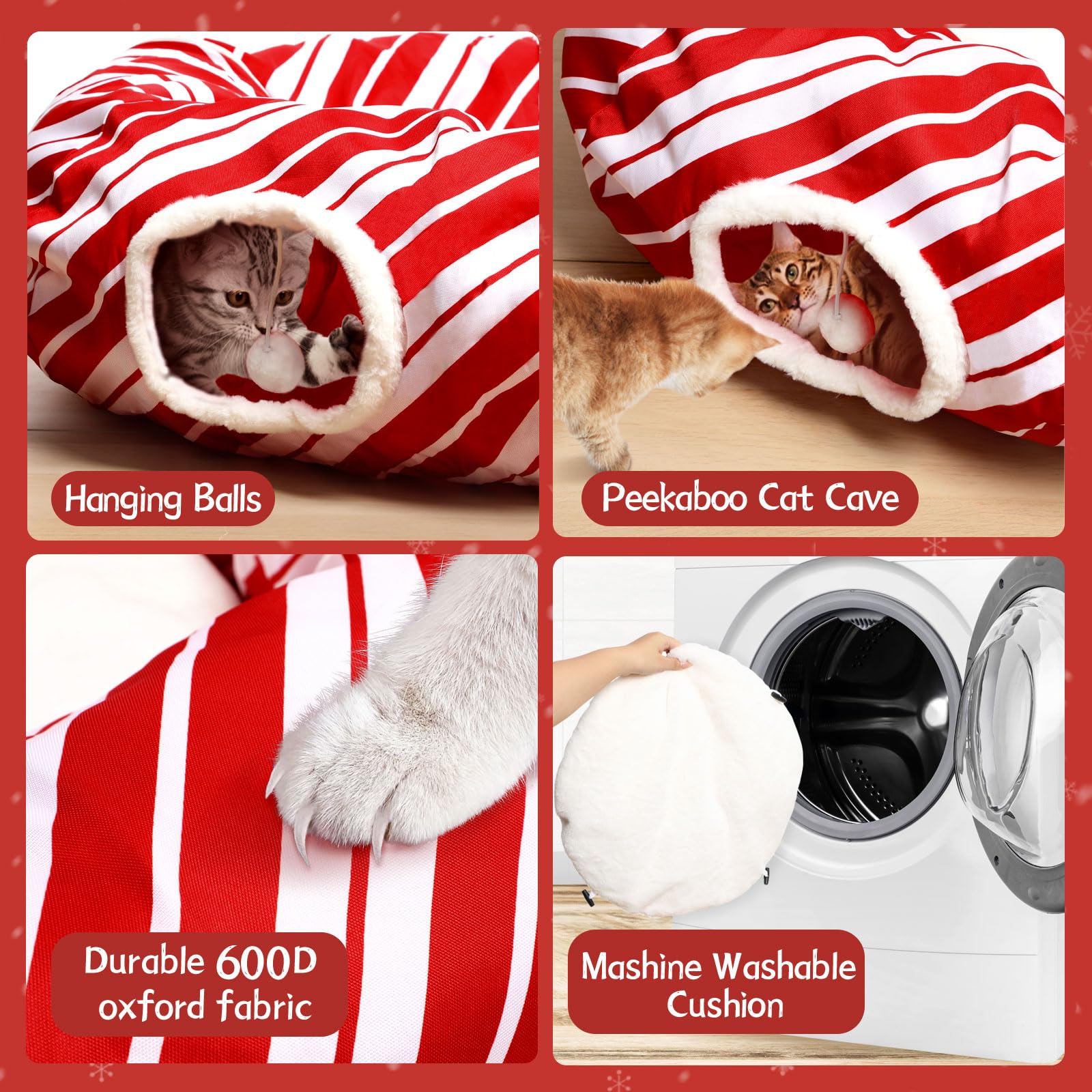 Cat Tunnel Bed Peekaboo Cat Cave Donut Under Christmas Tree Candy Cane Design Festive Decor Perfect For Small Medium Large Cats,