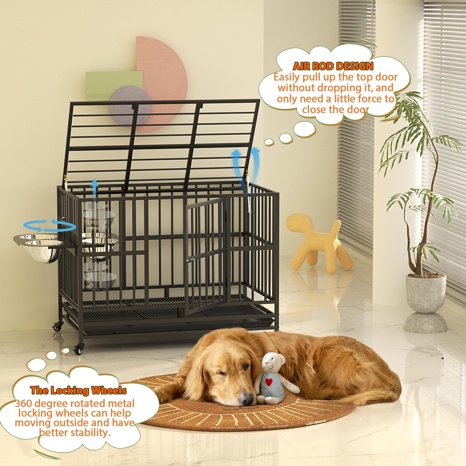 LOVMOR Heavy Duty 48" Dog Crate with Wheels, Alloy Steel, Black, Model NVLER24, Adjustable Bowls & Removable Tray, Extra Large XL XXL