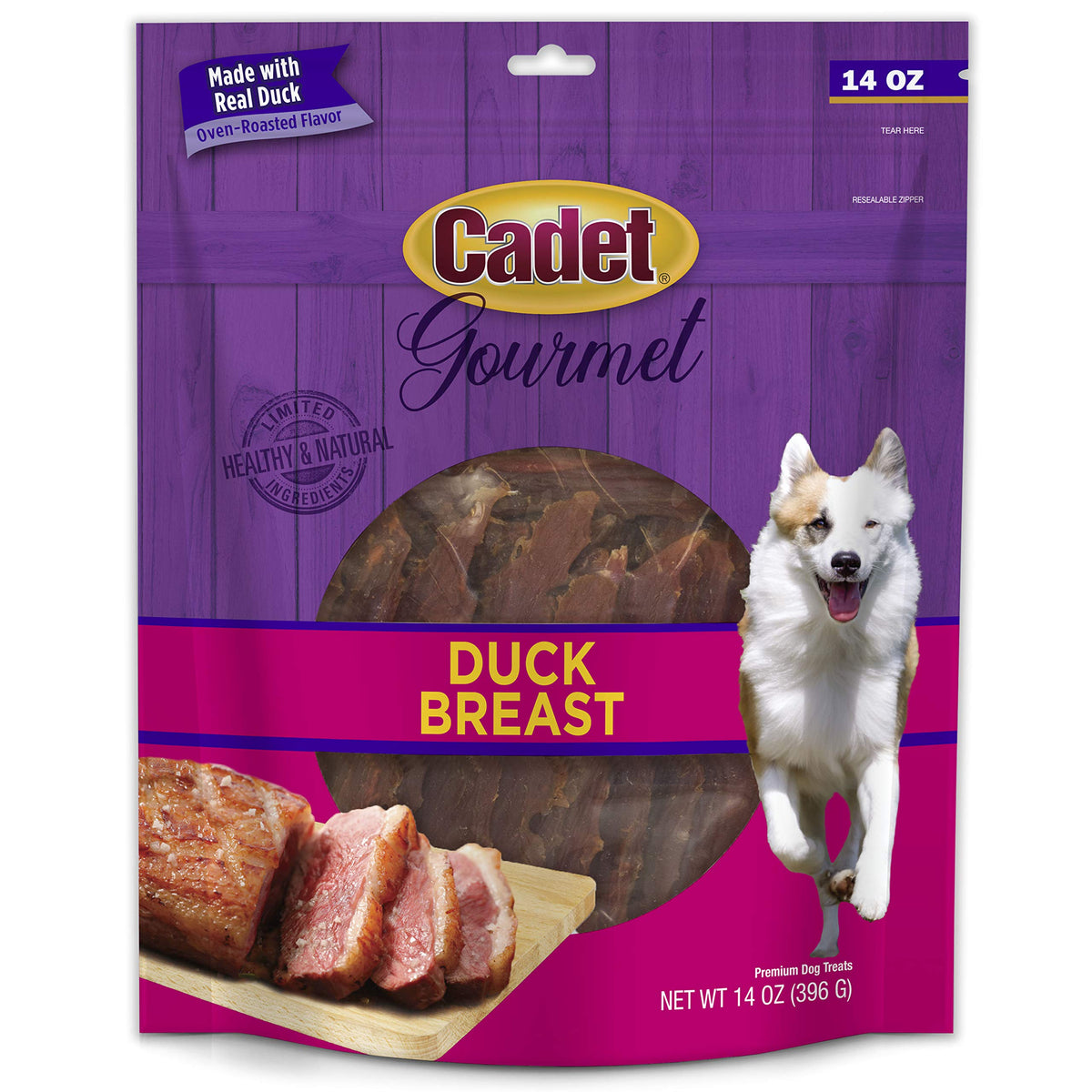 Cadet Gourmet Duck Breast Jerky Dog Treats, Healthy, Long-Lasting High-Protein Training Treats For Small & Large Dogs, 14 Oz.