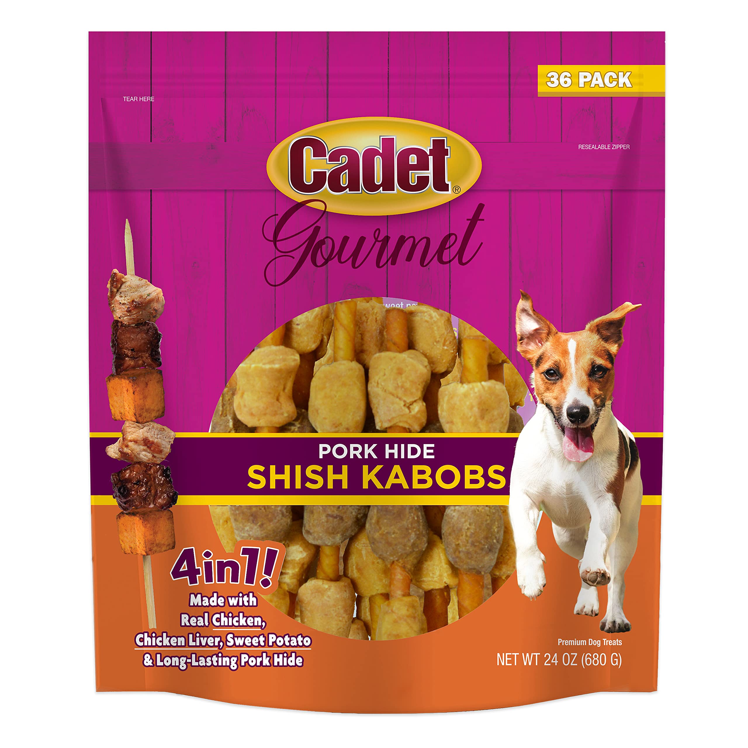 Cadet Gourmet Shish Kabob Dog Chews for Small Dogs, Rawhide Treats with Chicken, Duck and Sweet Potato, Healthy & Natural Pork H
