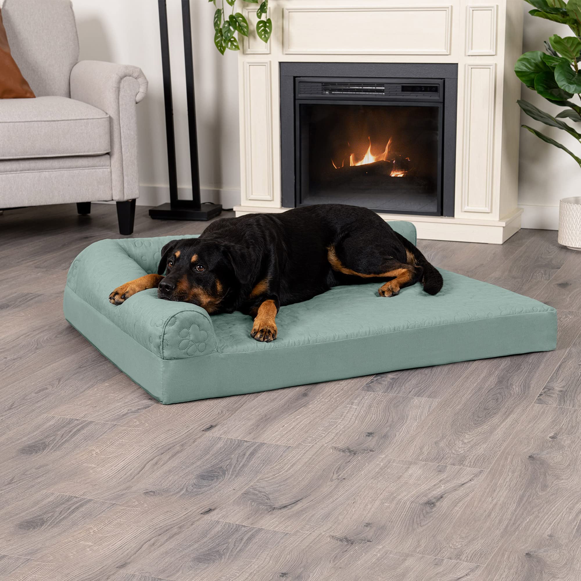 Furhaven Orthopedic Dog Bed For Large Dogs W/ Removable Bolsters & Washable Cover, For Dogs Up To 95 Lbs - Pinsonic Quilted Paw L Shaped Chaise - Iceberg Green, Jumbo/Xl