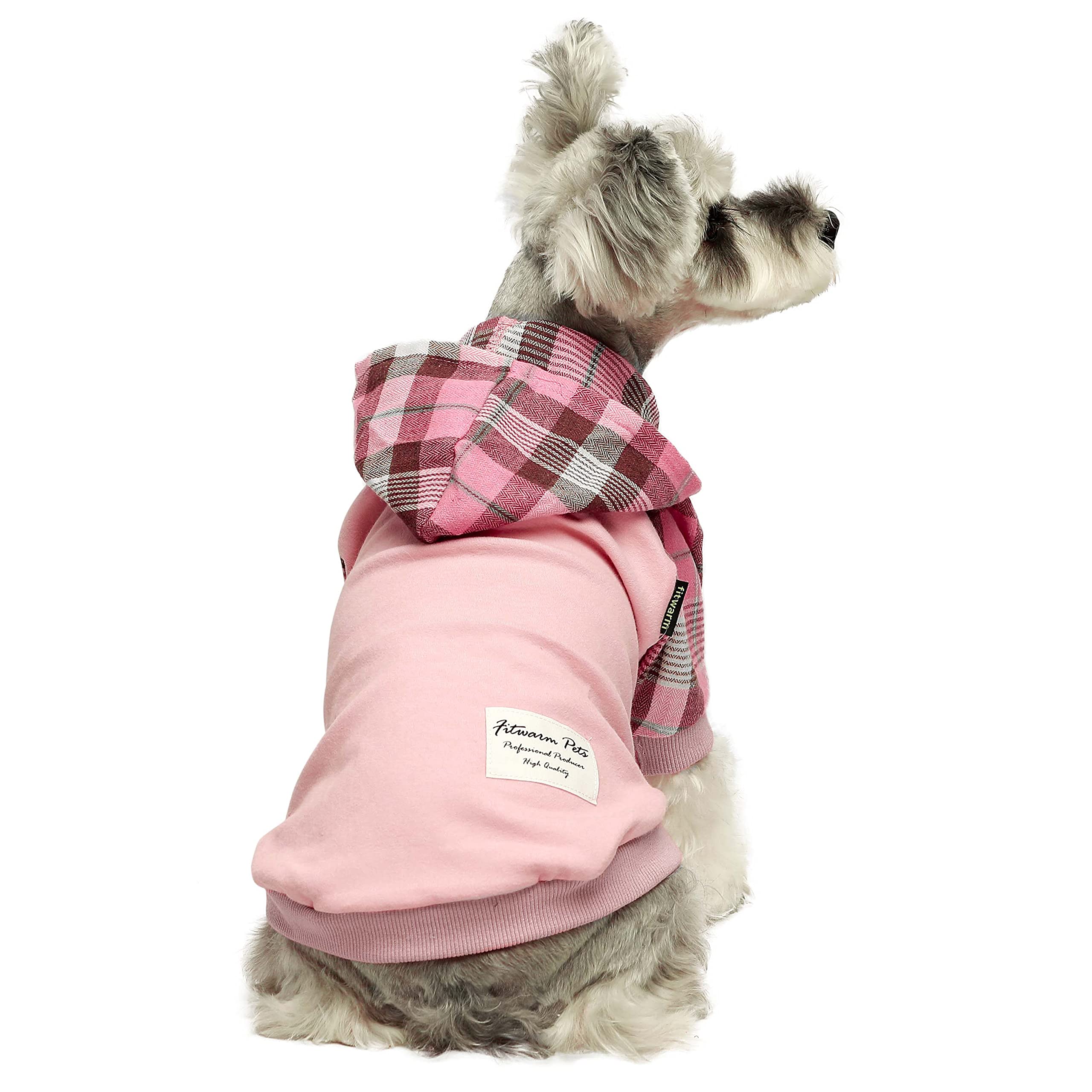 Fitwarm 100% Cotton Girl Plaid Dog Clothes Lightweight Puppy Hoodie Pet Sweatshirt Doggie Hooded Outfits Cat Apparel Pink Large