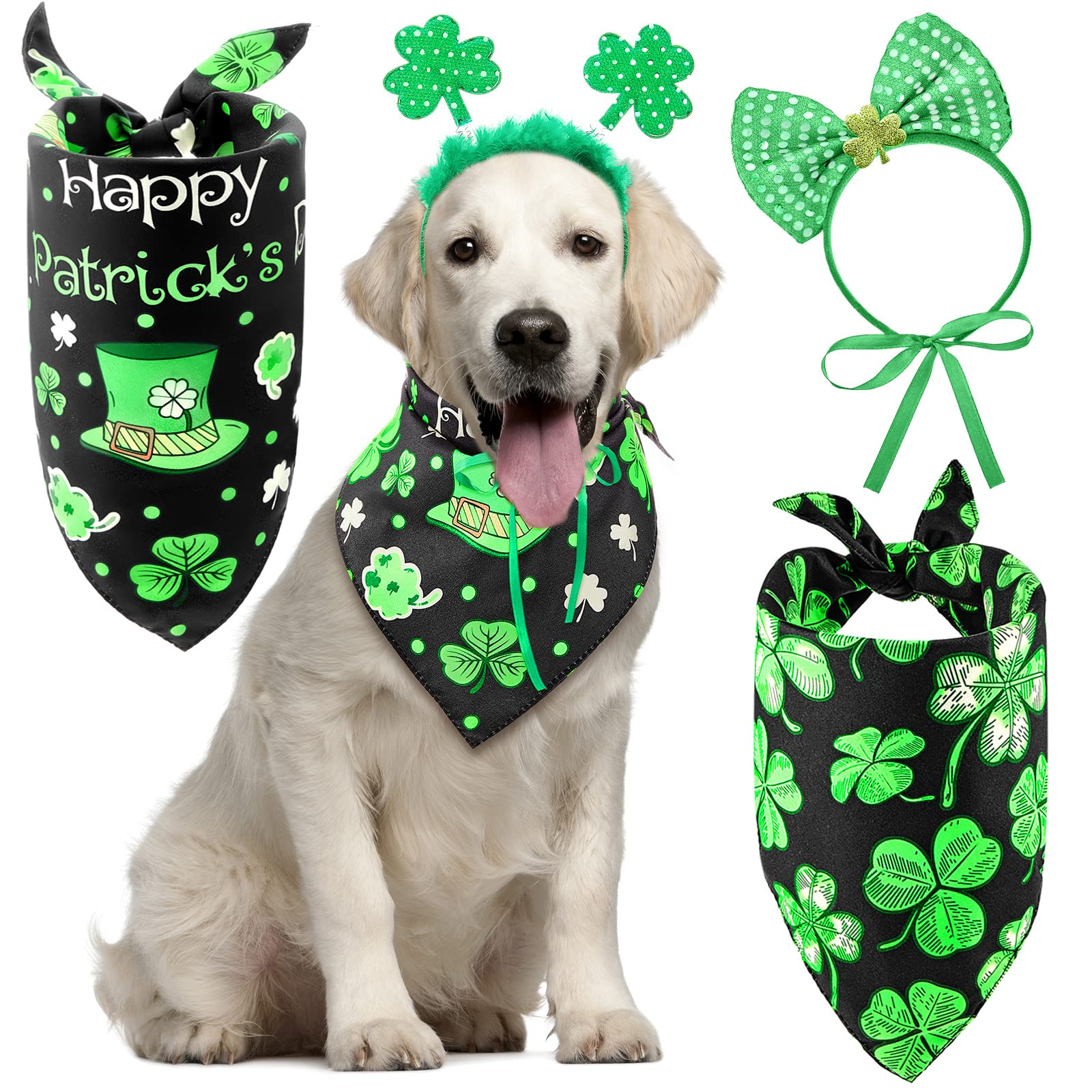 4 Pieces St Patrick'S Day Dog Costume 2 Sequin Irish Shamrock Headband Bowtie 2 Shamrock Dog Bandana Scarf For Pets Costume Deco