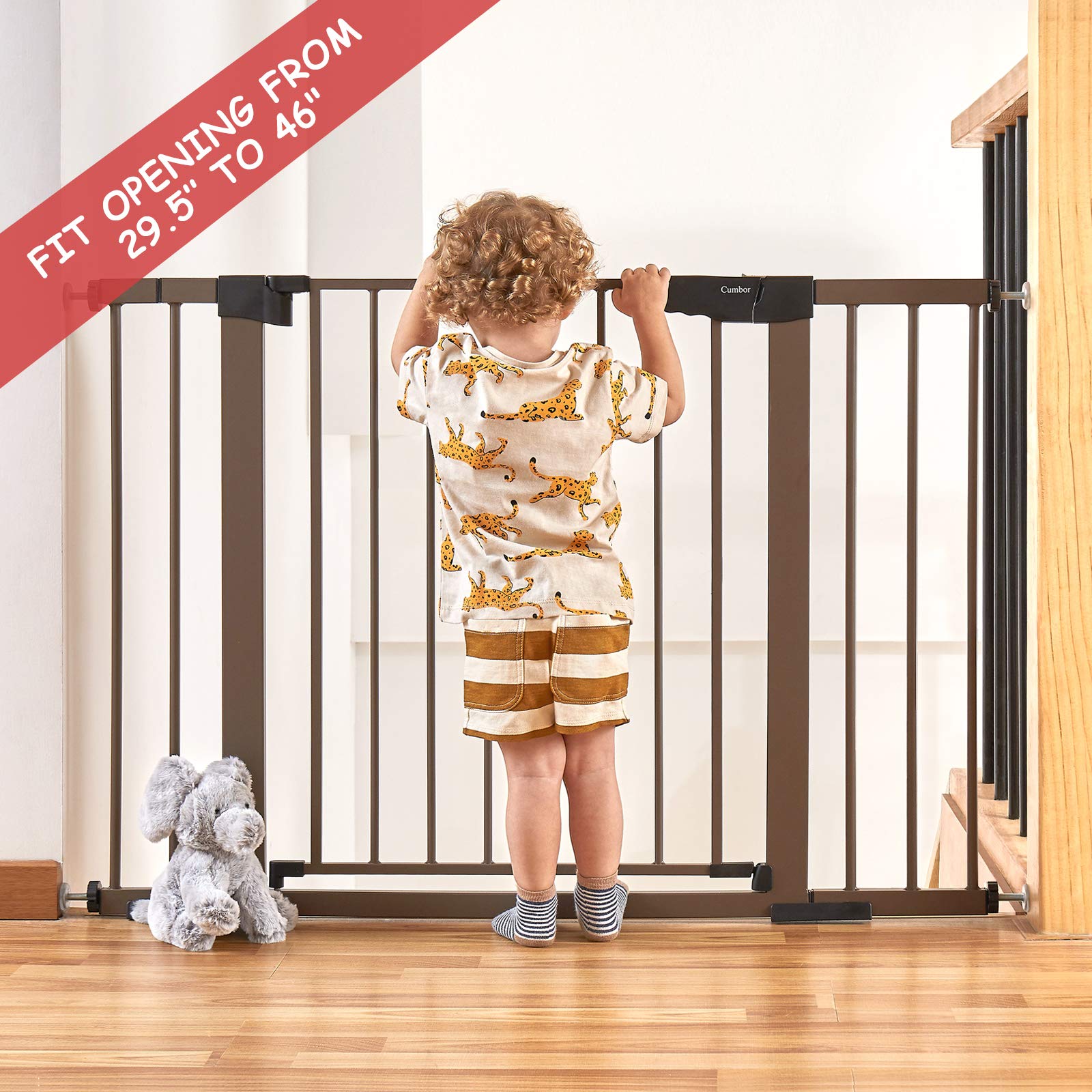 Cumbor 29.7-46' Baby Gate For Stairs, Mom'S Choice Awards Winner-Auto Close Dog Gate For The House, Easy Install Pressure Mounted Pet Gates For Doorways, Easy Walk Thru Wide Safety Gate For Dog, Brown