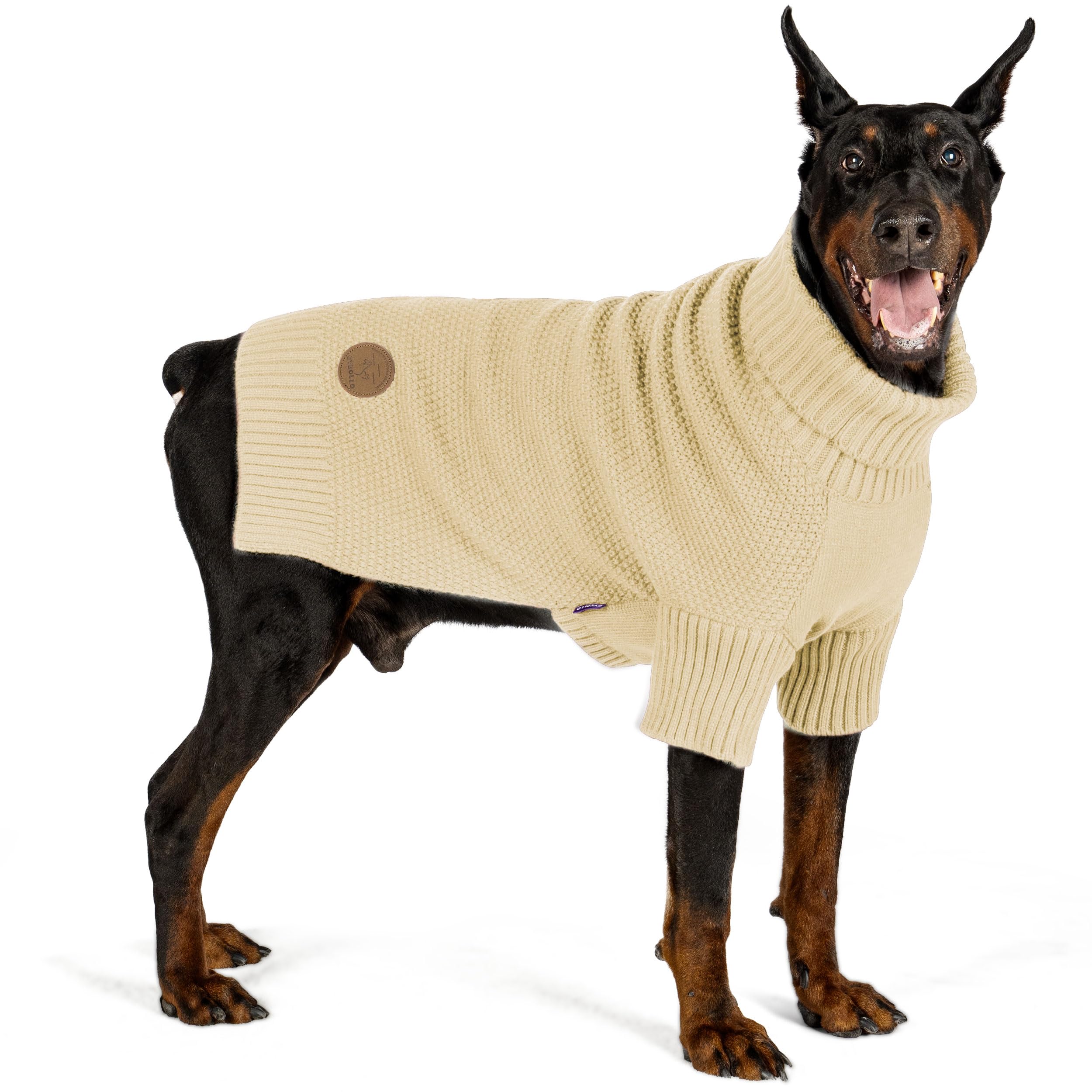 cyeollo Dog Sweater Knitwear with Leash Hole Turtleneck Pullover Sweaters Fall Winter Dog Clothes Sweaters for Large Dogs, Beige