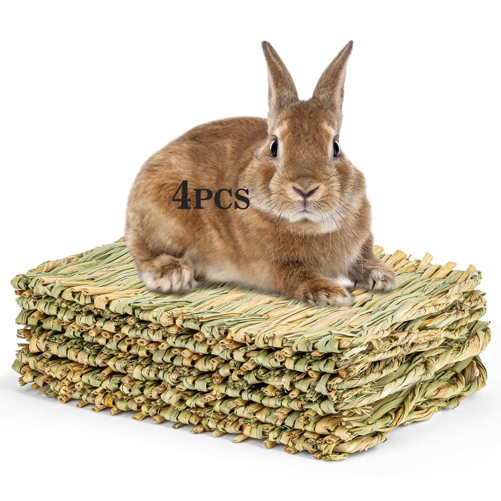 Sukh 4 PCS Rabbit Grass Mats - Natural Hay Woven Bunny Rabbit Bad Cage Mats Pet Bedding Cooling Sleeping Nesting & Toys for Hams