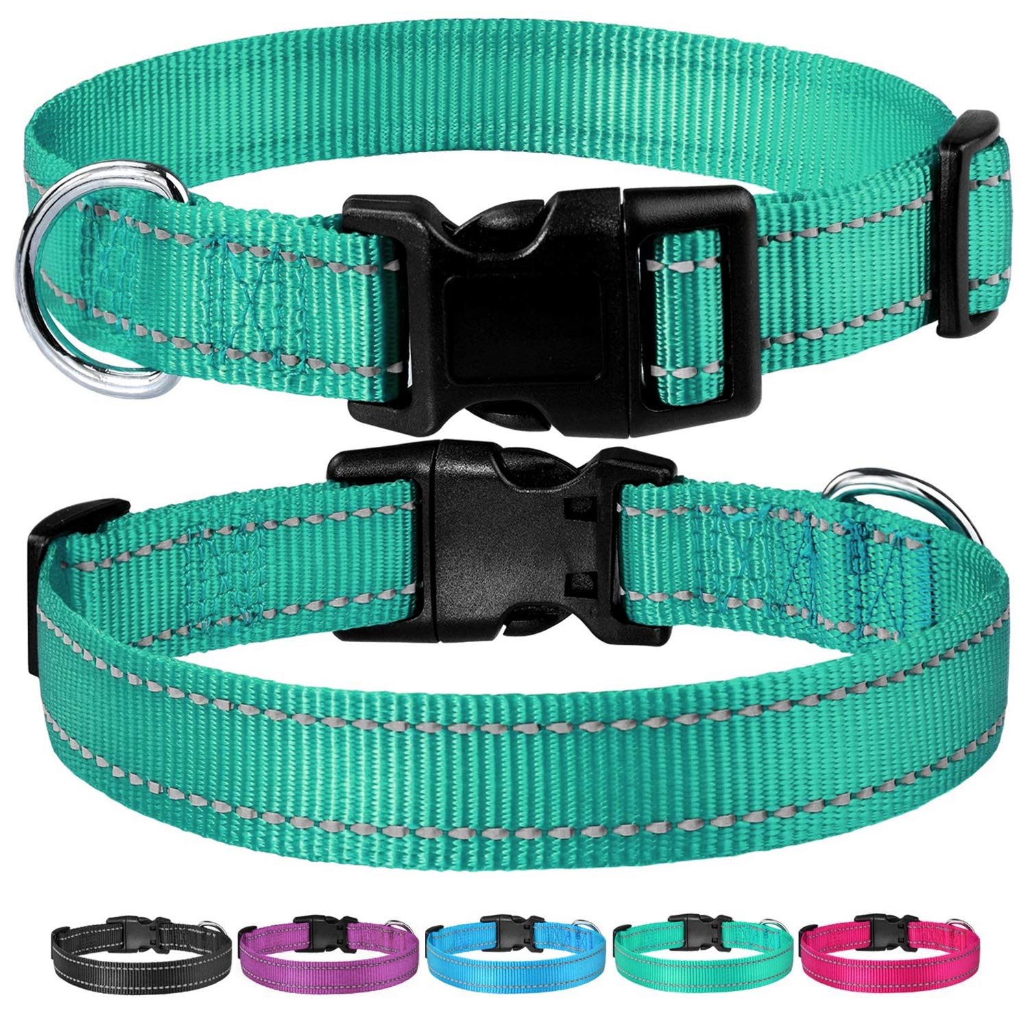 Reflective Dog Collar With Buckle Adjustable Safety Nylon Collars For Small Medium Large Dogs, Teal Xs