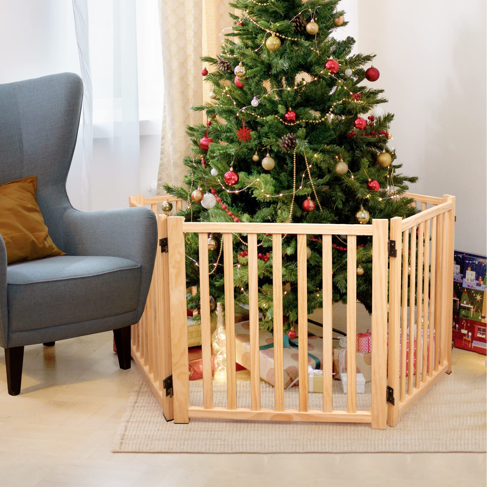 YOCAN Wooden Freestanding Dog Gates for The House,Dog Gates for Doorways, Stairs,Wood Dog Fences Indoor Pet Gate,Step Over Fence