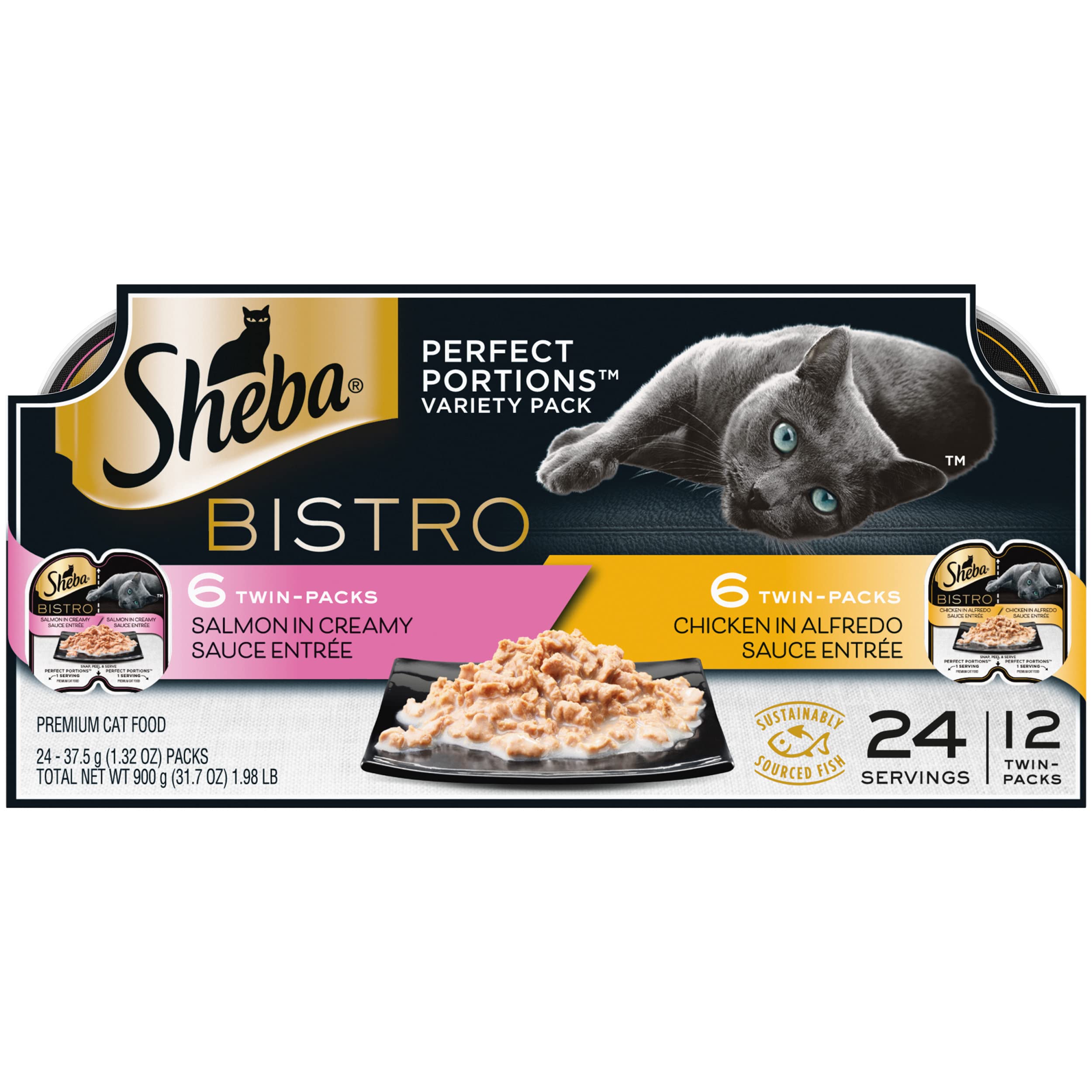 Sheba Perfect PORTIONS Bistro Wet Cat Food Trays (12 Count, 24 Servings), Chicken in Alfredo Sauce and Salmon in Creamy Sauce En