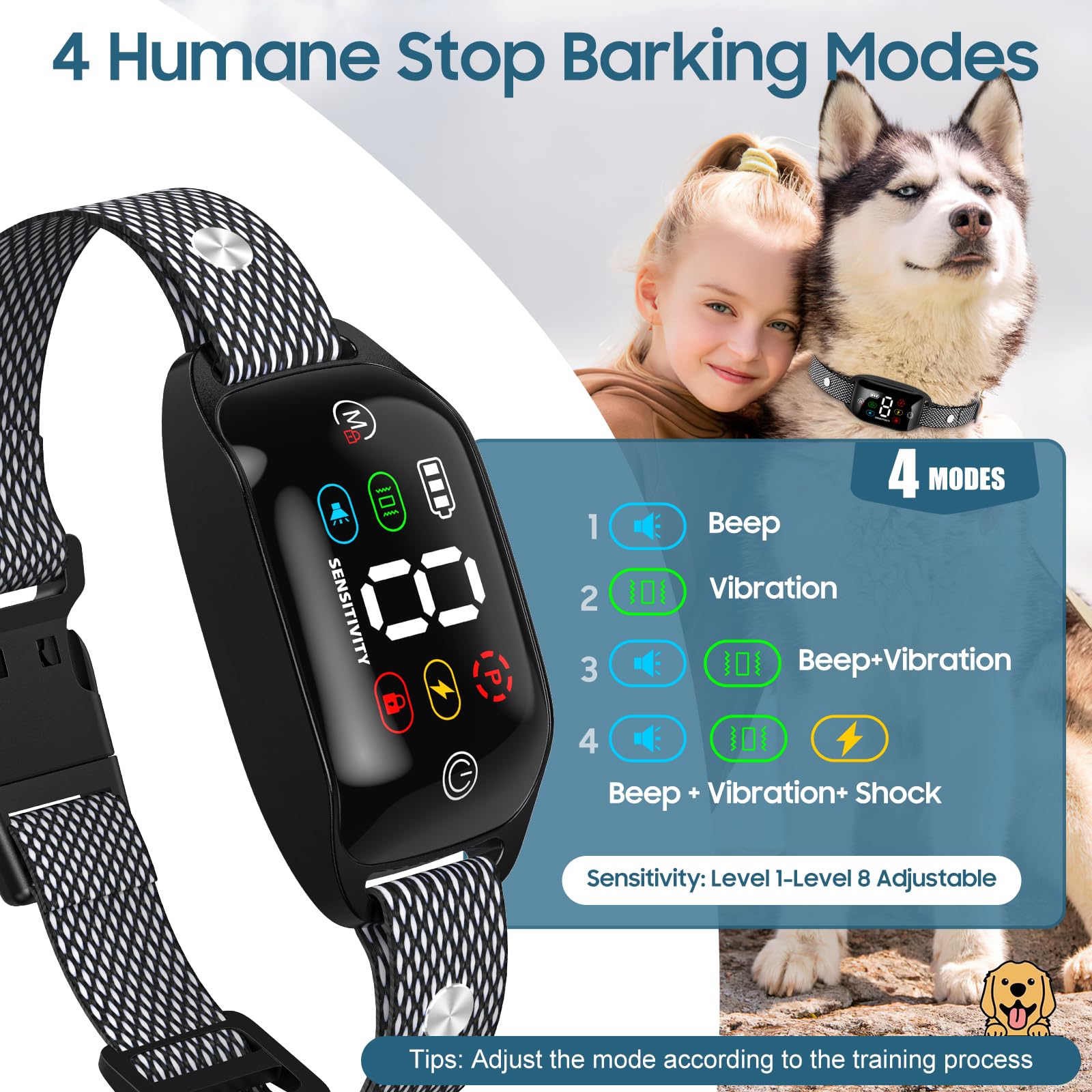 Dog Bark Collar, Cmubh Bark Collar For Large Dog With Beep Vibration Shock, Rechargeable Barking Collar With 8 Adjustable Sensit